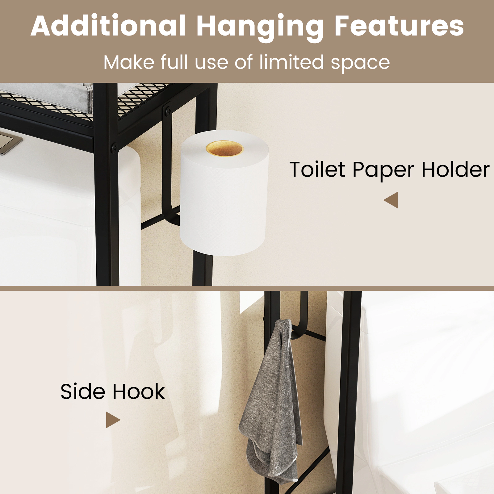 SlickBlue Bathroom Over Toilet Storage Cabinet 23.5 Inch Wide with Adjustable Shelf and Metal Frame Black