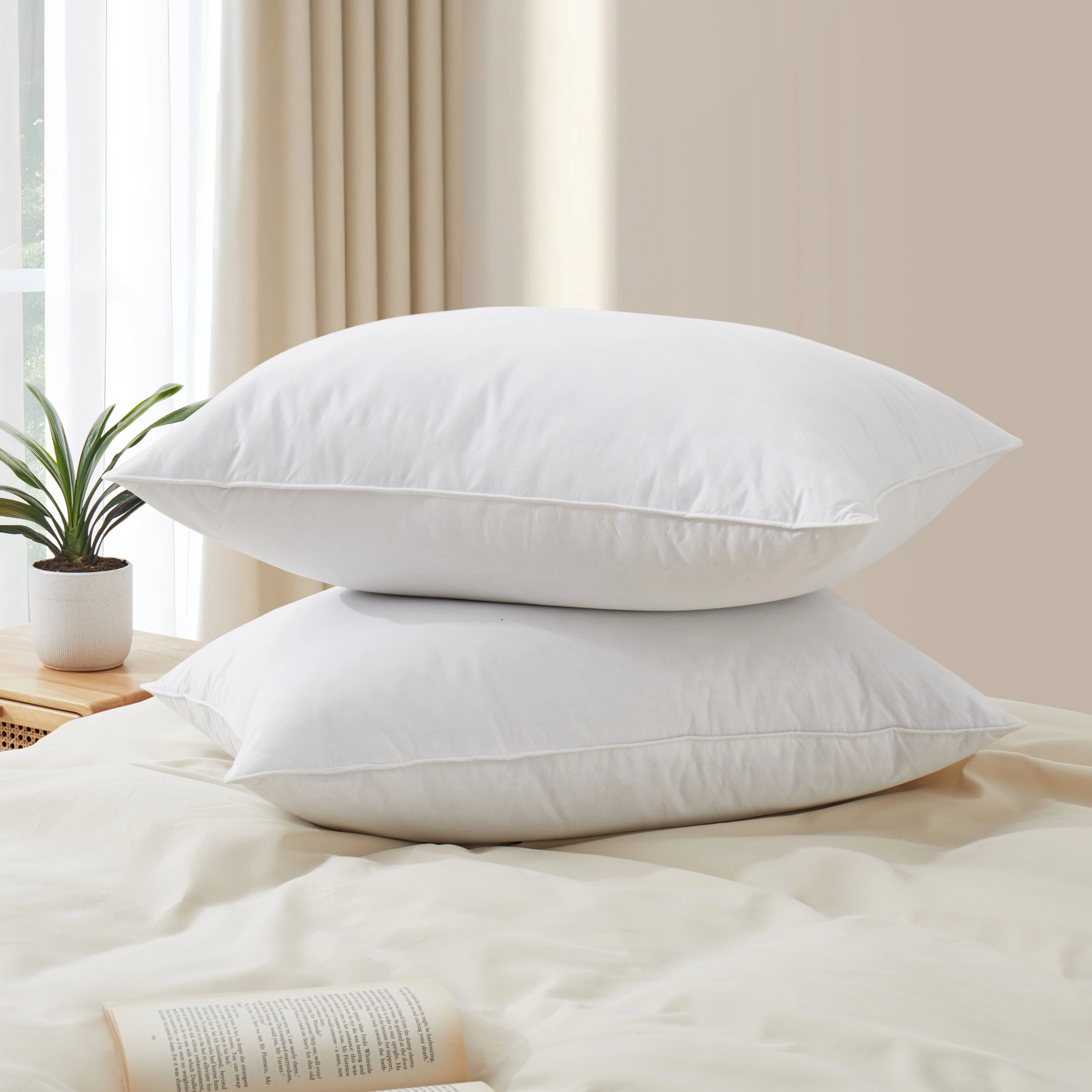 Unikome 233TC Cotton White Goose Feather Down Bed Pillows, Set of 2