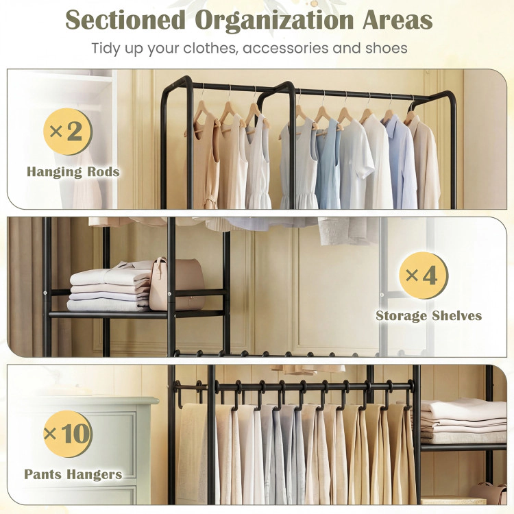 Hivvago Portable Closet with Pants Hangers and 2 Hanging Rods 4 Storage Shelves