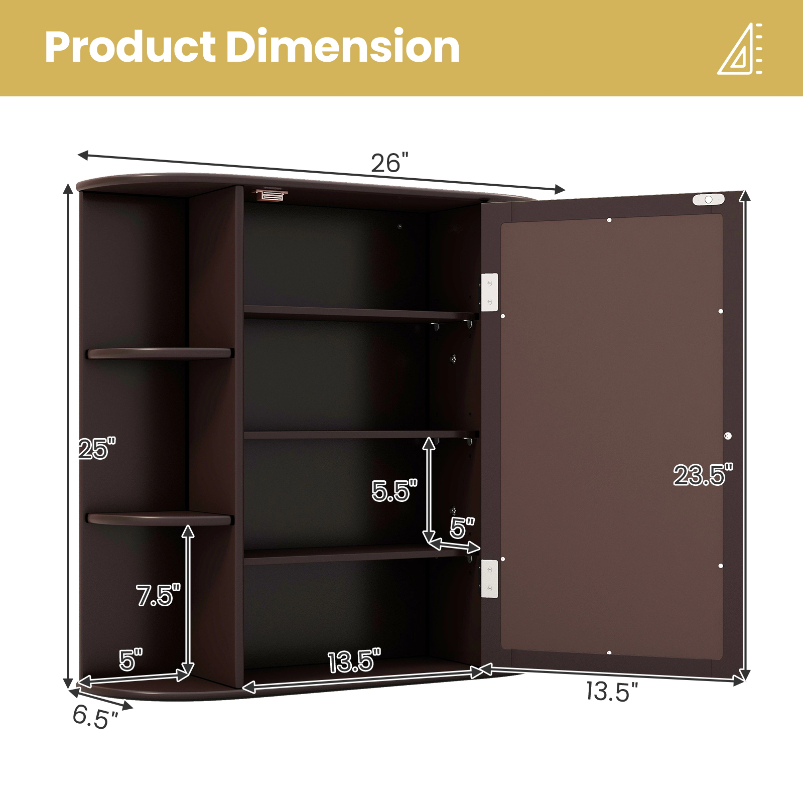 SUGIFT Wall-Mounted Bathroom Mirror Cabinet with Storage Shelves 44-lb Top Capacity 11-lb Shelves MDF 26-in Wide Brown