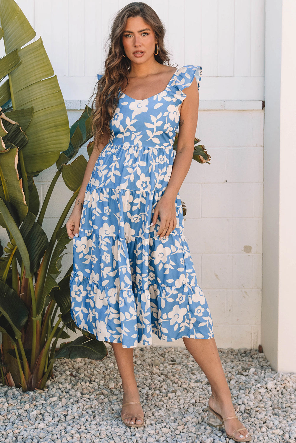 Threaded Pear Women's Henley Floral U Neck Flutter Shoulder Tiered Midi Dress