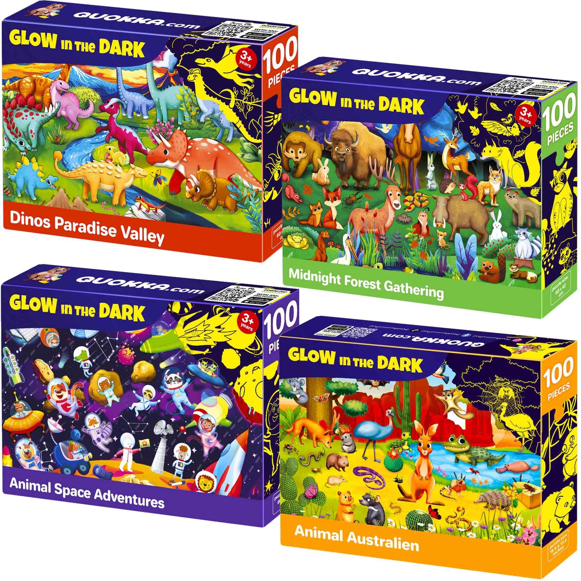 QUOKKA 4-Pack Glow-in-the-Dark Jigsaw Puzzles for Kids Ages 4–8, 100 Pieces Each, Space, Dinosaur & Animal Themes