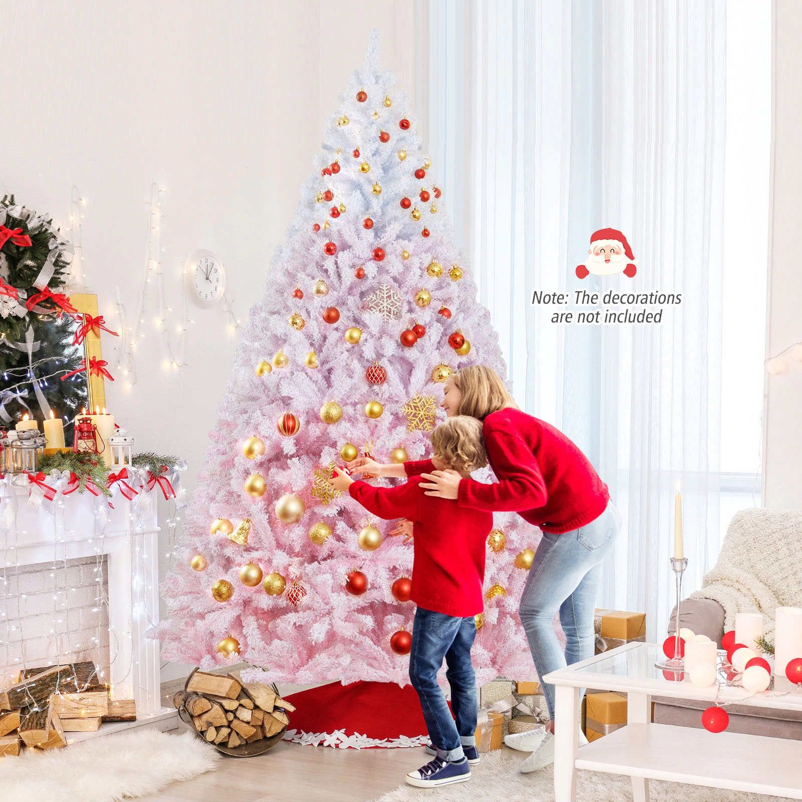 SUGIFT 8 ft White and Pink Flocked Christmas Tree with 1774 Branch Tips and Folding Metal Stand