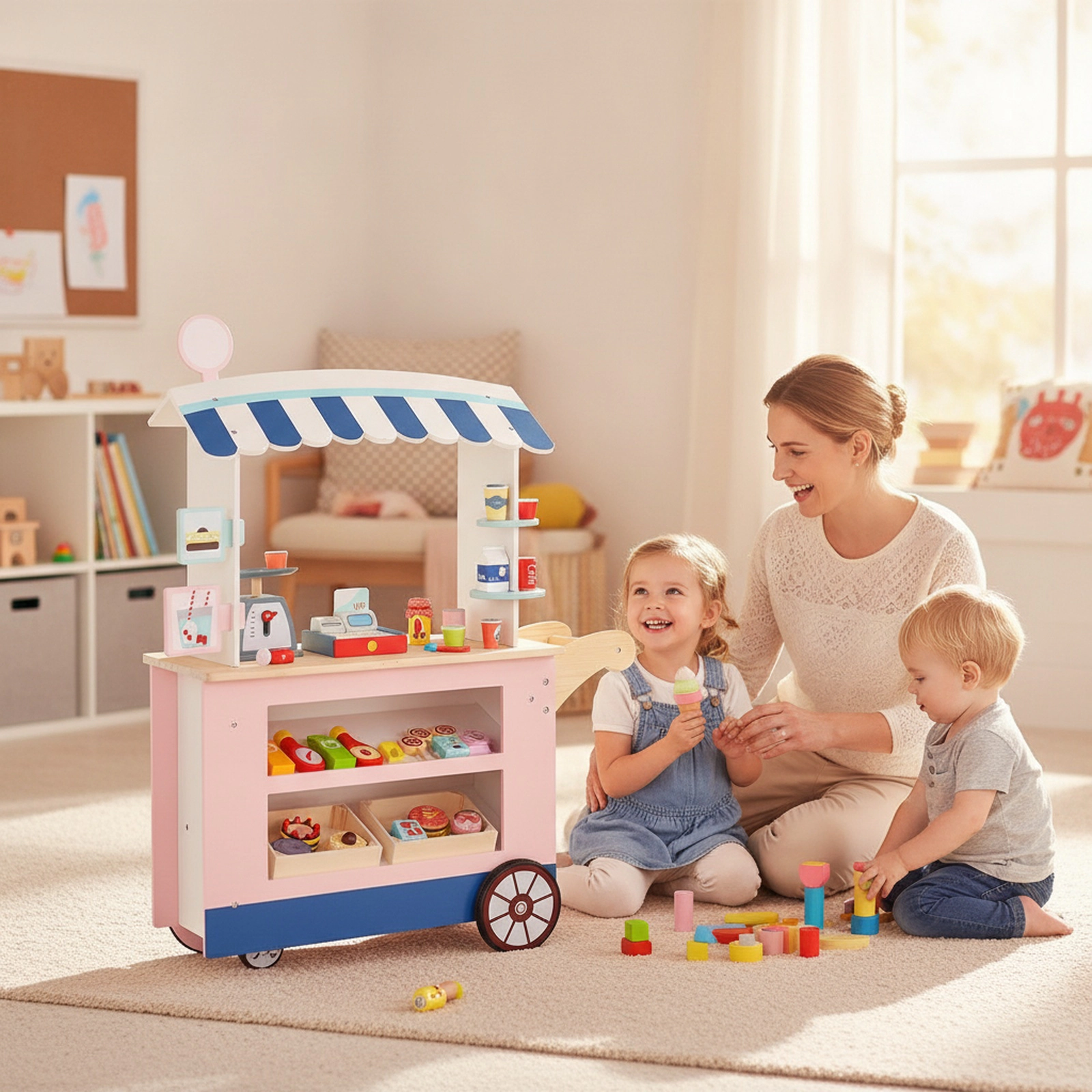 Wooden Toy Market Cart POS Machine Scale Canopy 30-pc Accessories 29.5-in Kids Grocery Store Stand on Wheels Ages 3+