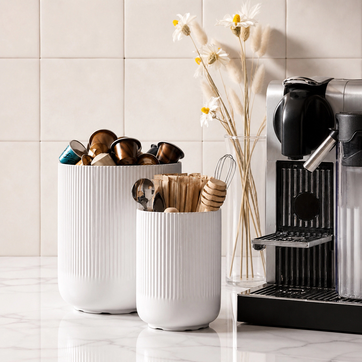 WZK Set of 2 Fluted Ceramic Kitchen Utensil Holder