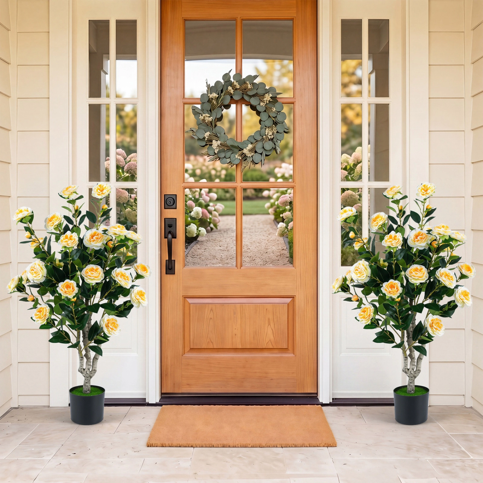 SUGIFT Set of 2 39.5-in Artificial Camellia Trees with Vivid Orange Blossoms and Cement-Filled Pots