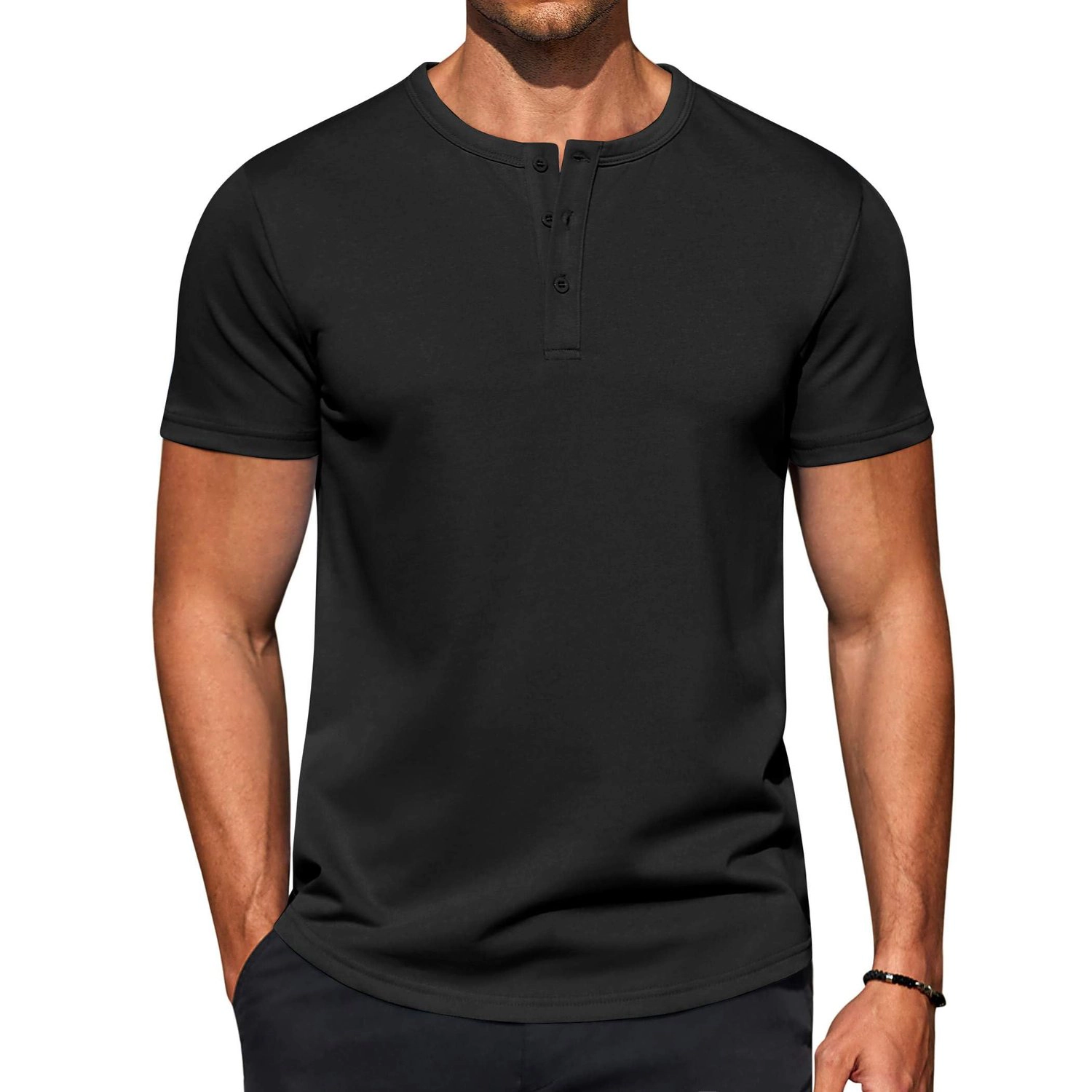 COOFANDY Mens Casual Short Sleeve Henley Shirt  Button Placket Crew Neck Tee