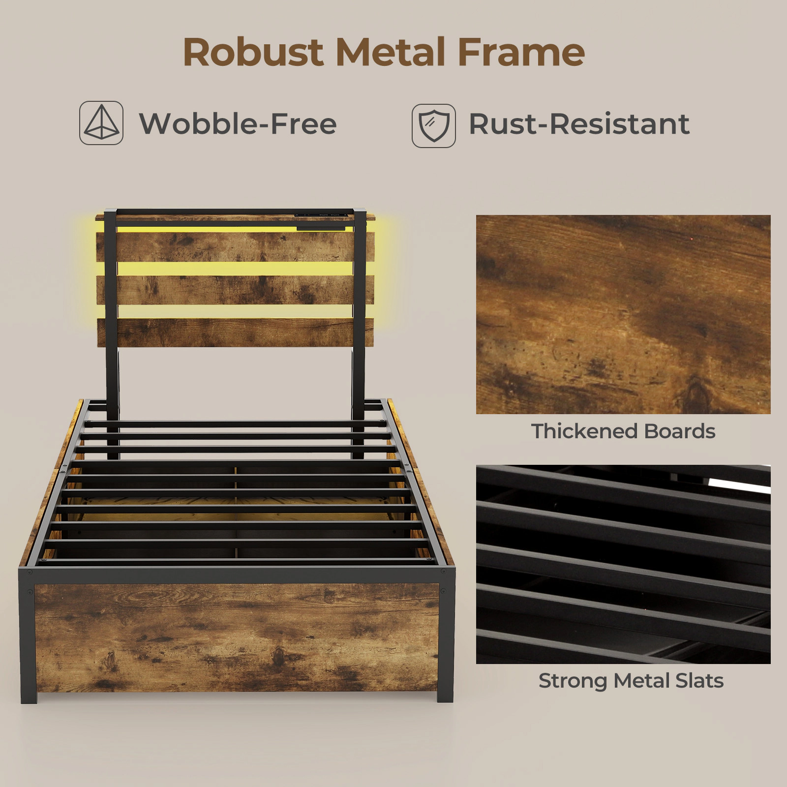 SUGIFT Bed Frame with Drawers LED Lights & USB Ports 1000-Lb Capacity Twin Size 75 x 39 in Sleeping Surface Rustic Brown