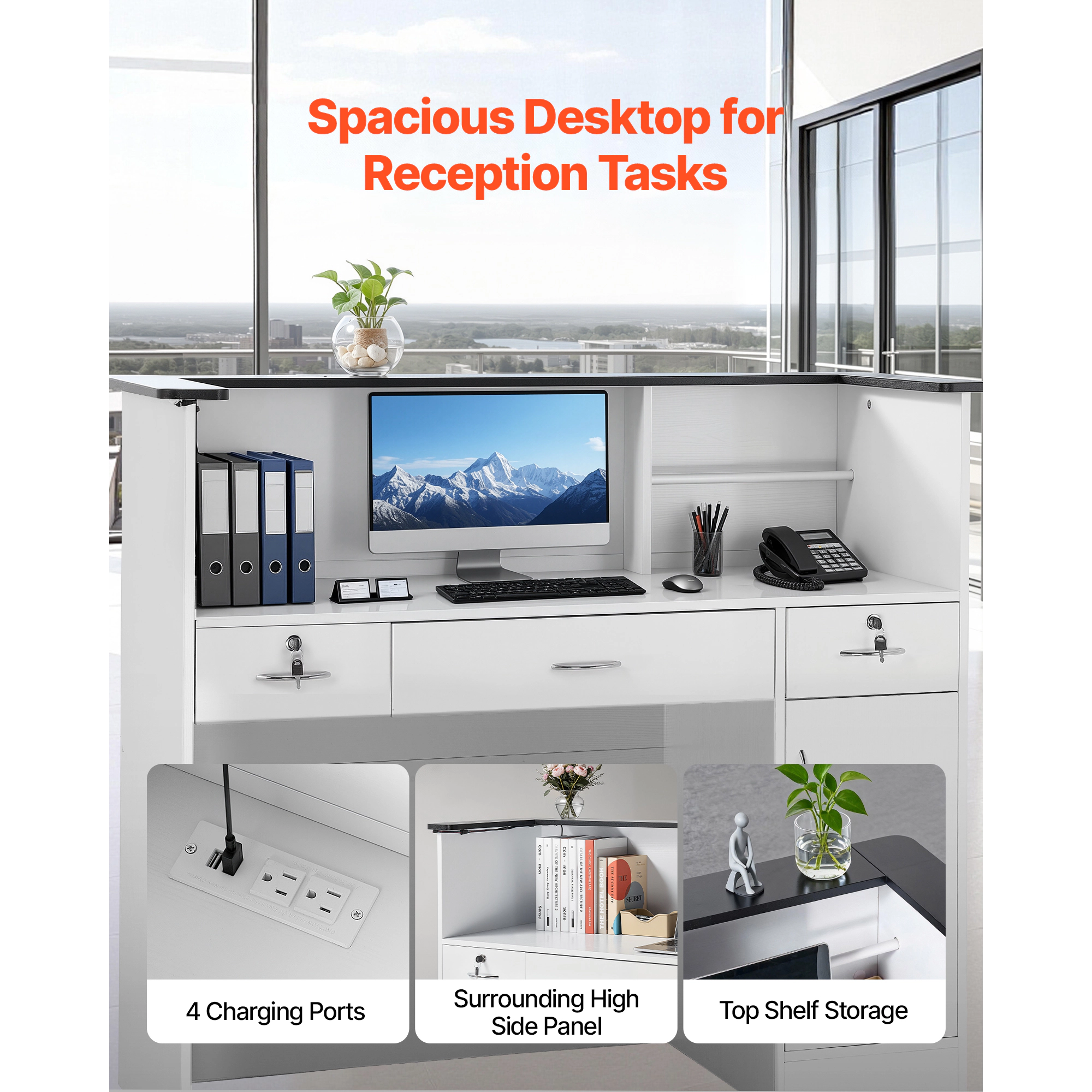 HONGGE Reception Desk, Rectangular Front Counter Table, Modern Office Desk with Light, Drawers