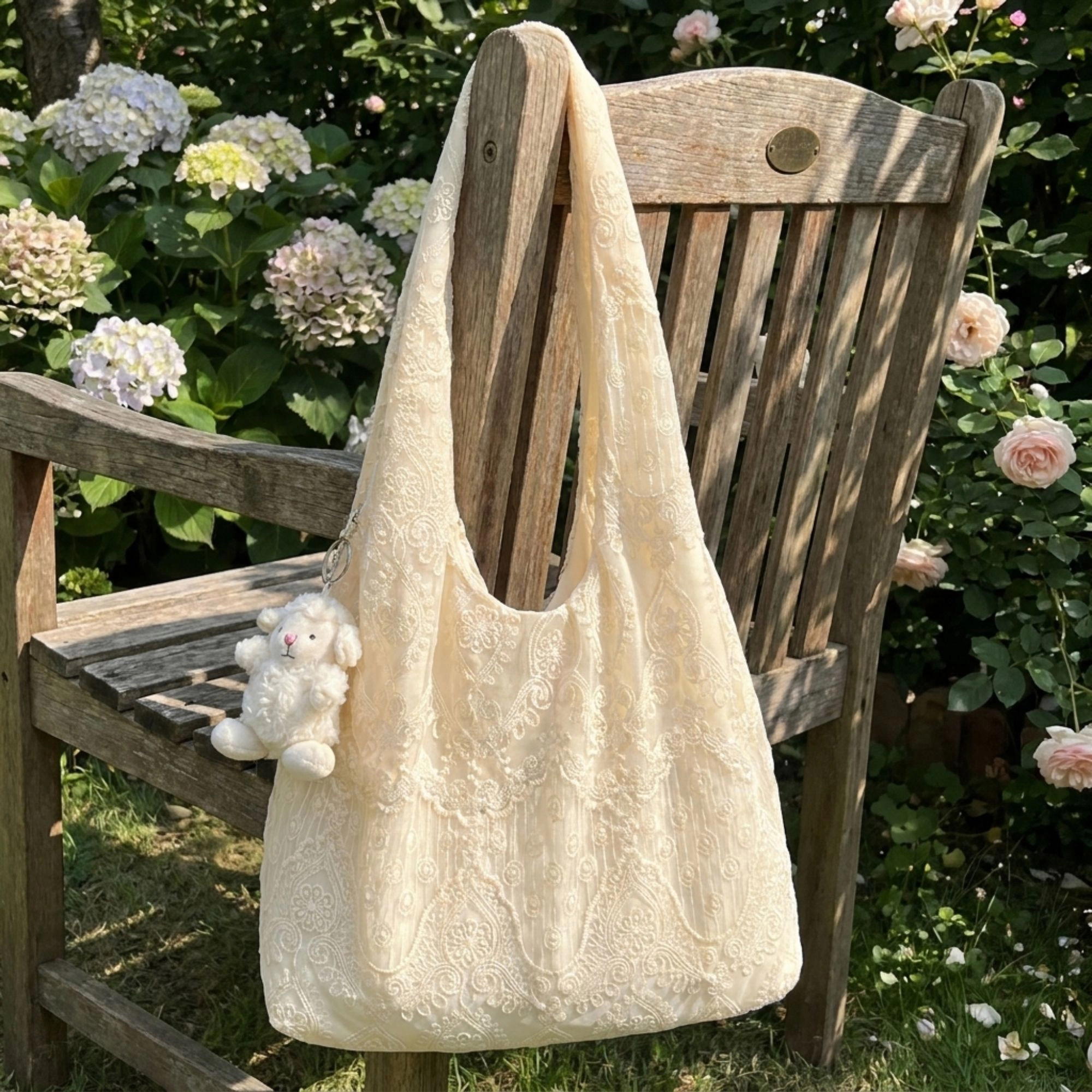 Alilang Women's Lace Hobo Shoulder Bag with Floral Embroidery and Inner Pocket, White