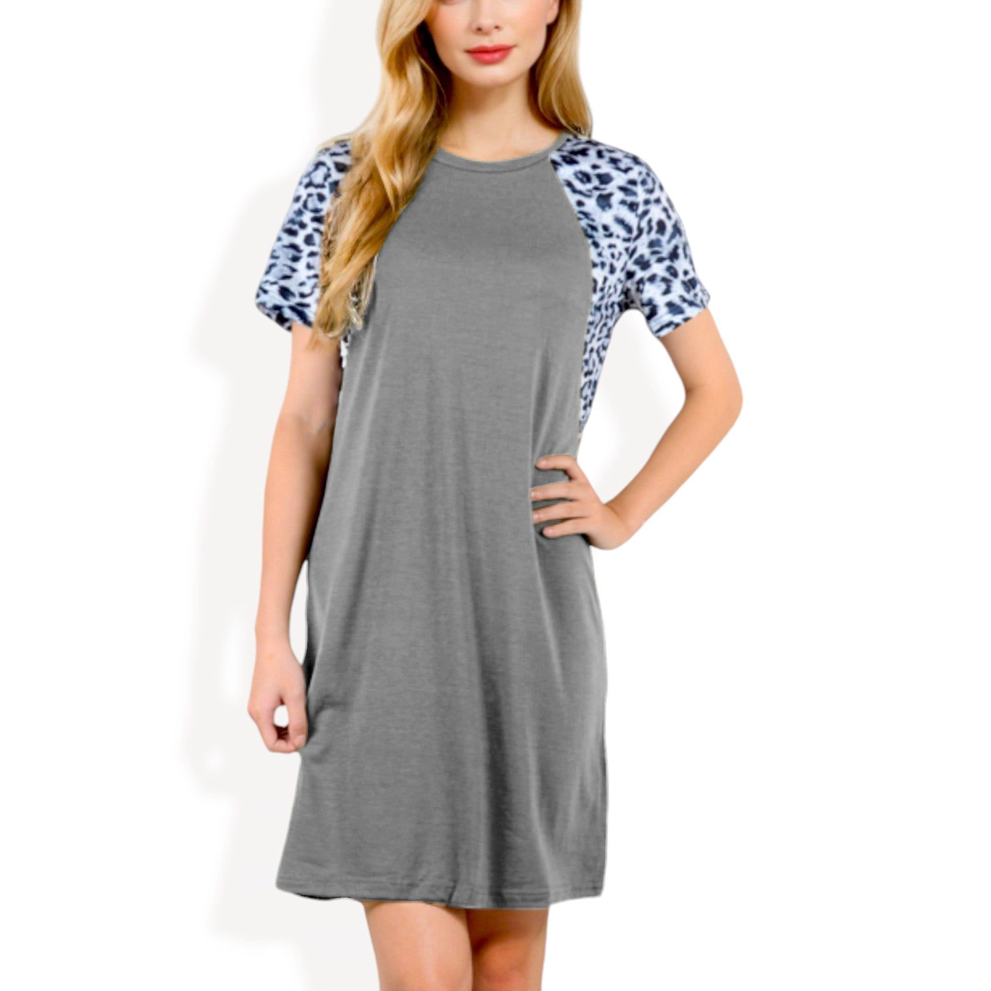 Anna-Kaci Women's Short Sleeve Leopard Print Raglan Relaxed Fit T-Shirt Dress