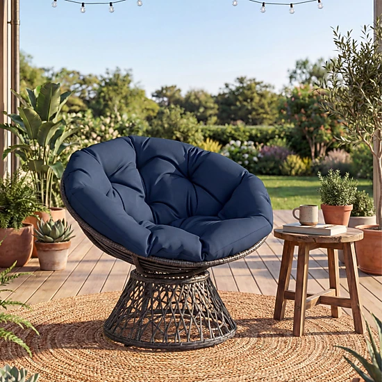 SUGIFT Navy Blue Swivel Papasan Chair, 350 lb Capacity, PE Rattan, 4-Inch Cushion