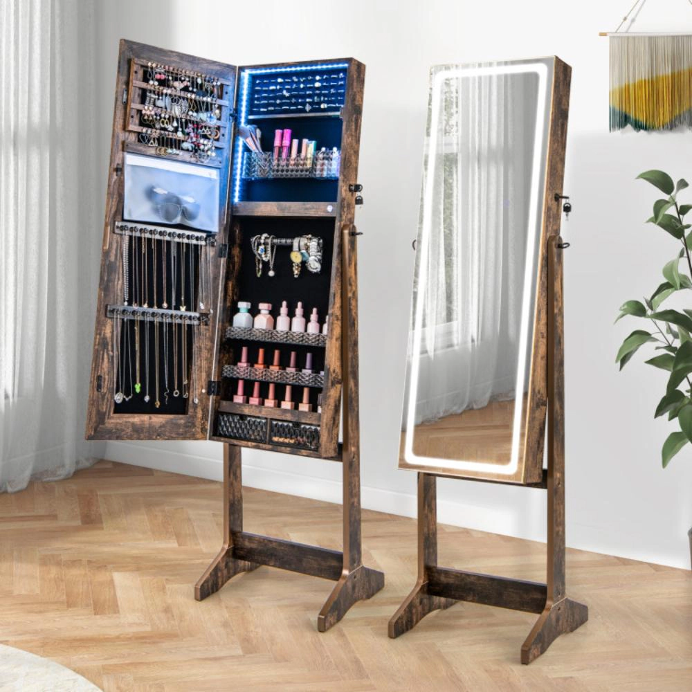 Hivvago Lockable Jewelry Armoire Standing Cabinet with Lighted Full-Length Mirror
