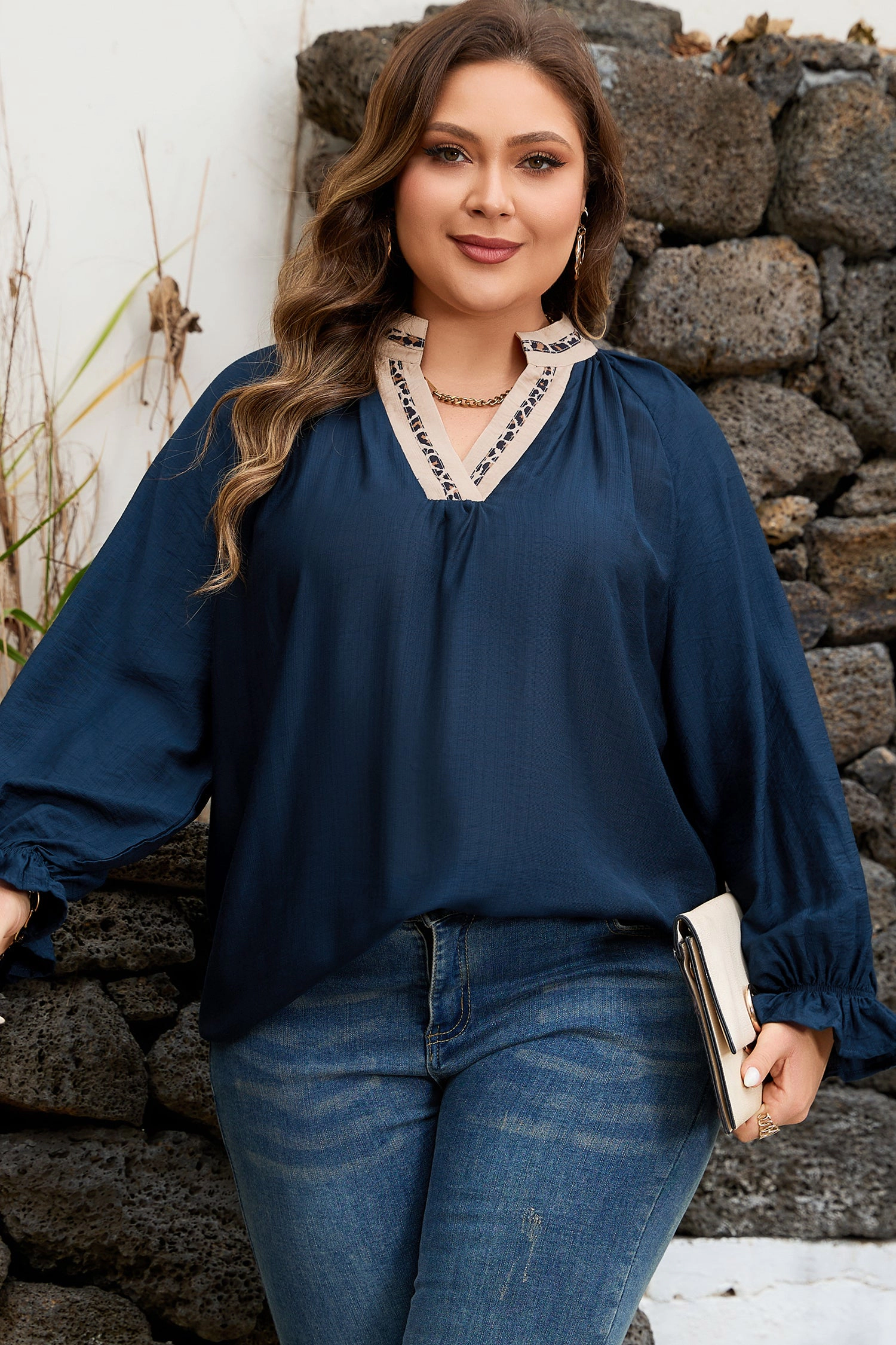 Threaded Pear Women's Katelyn Long Flounce Sleeve PLUS Blouse