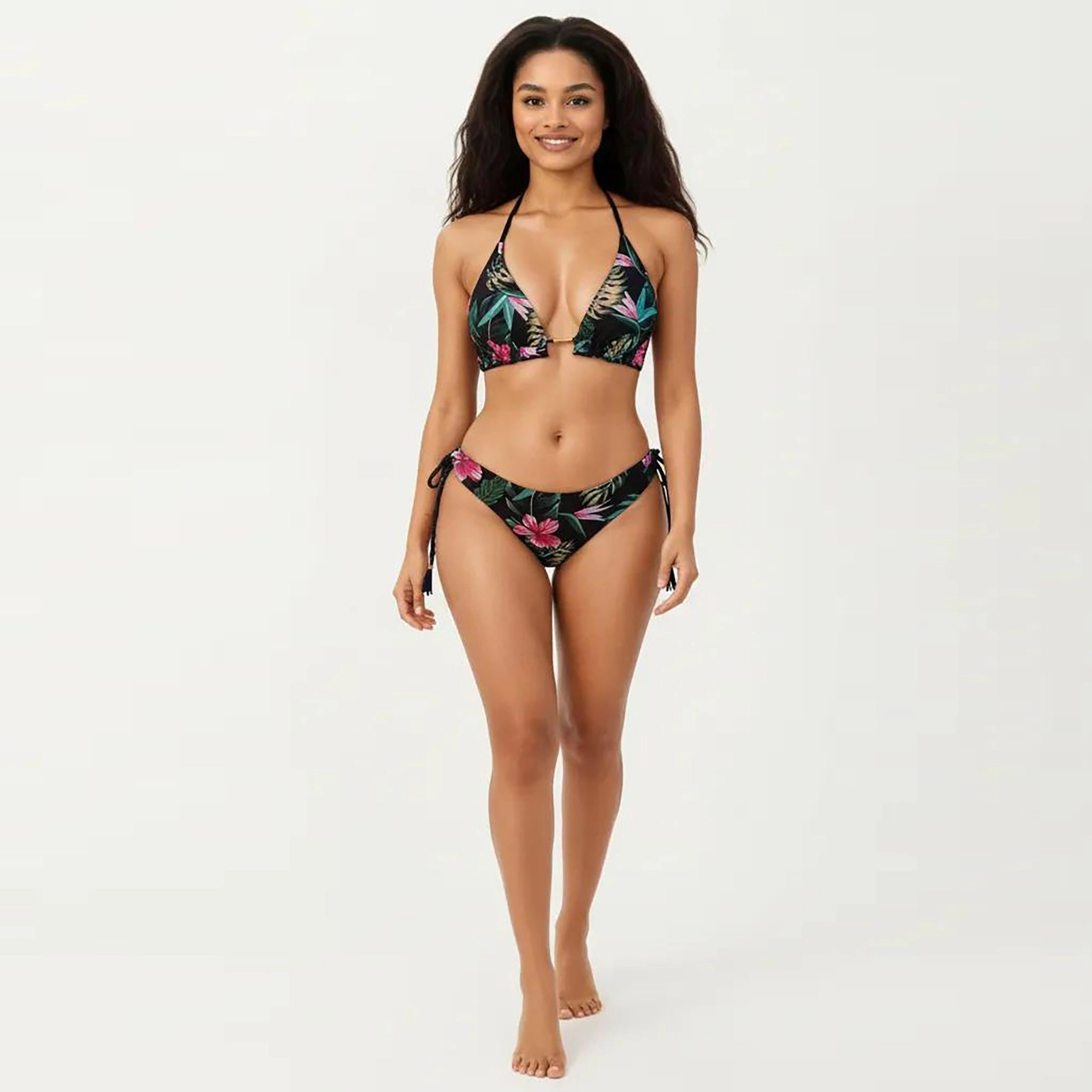Anna-Kaci Women's 2-Piece Halter Bikini Set with Tropical Print and Tie Side Bottom
