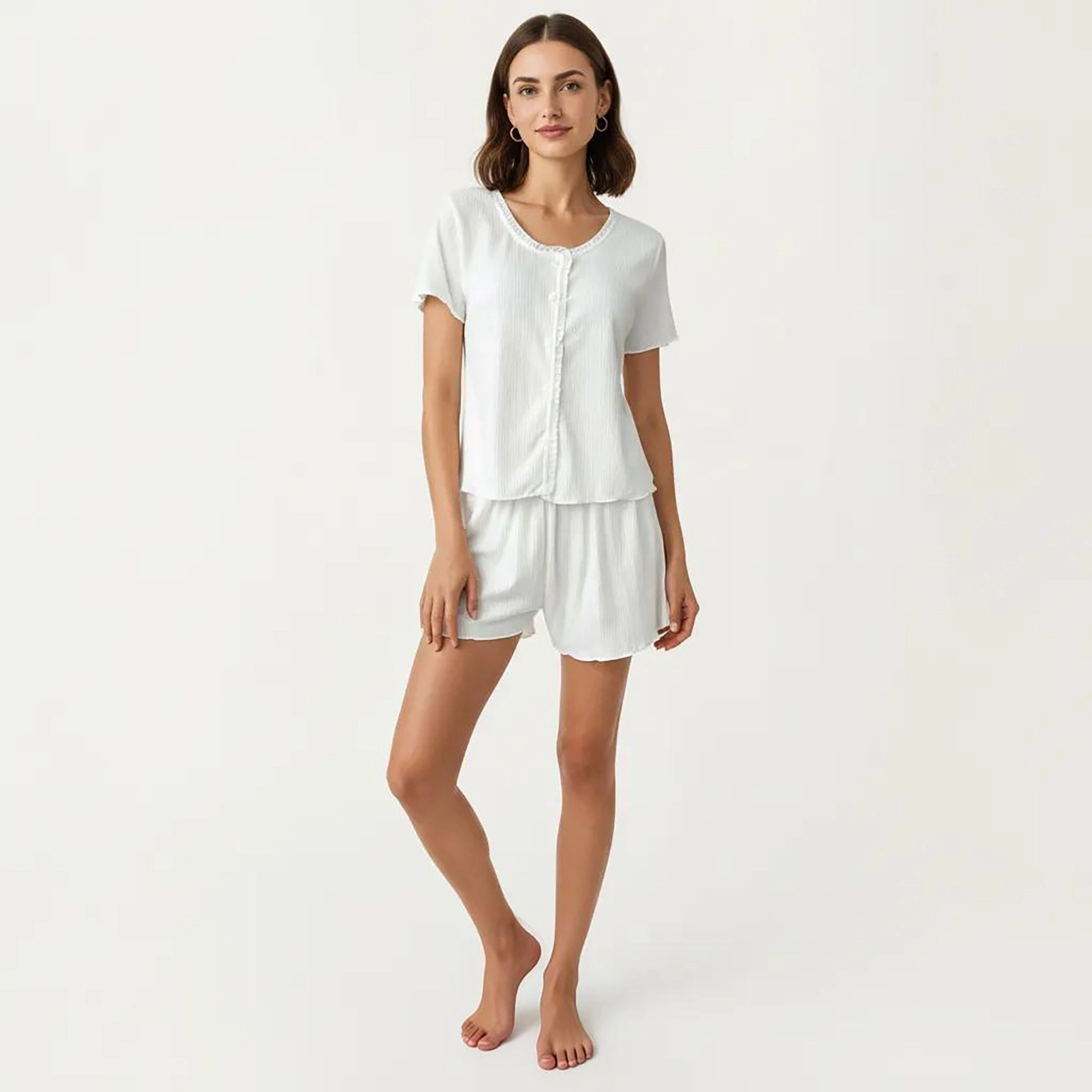 Anna-Kaci Women's 2-Piece Button Front Pajama Top with Round Neck and Relaxed Fit Shorts Textured Sleepwear Set