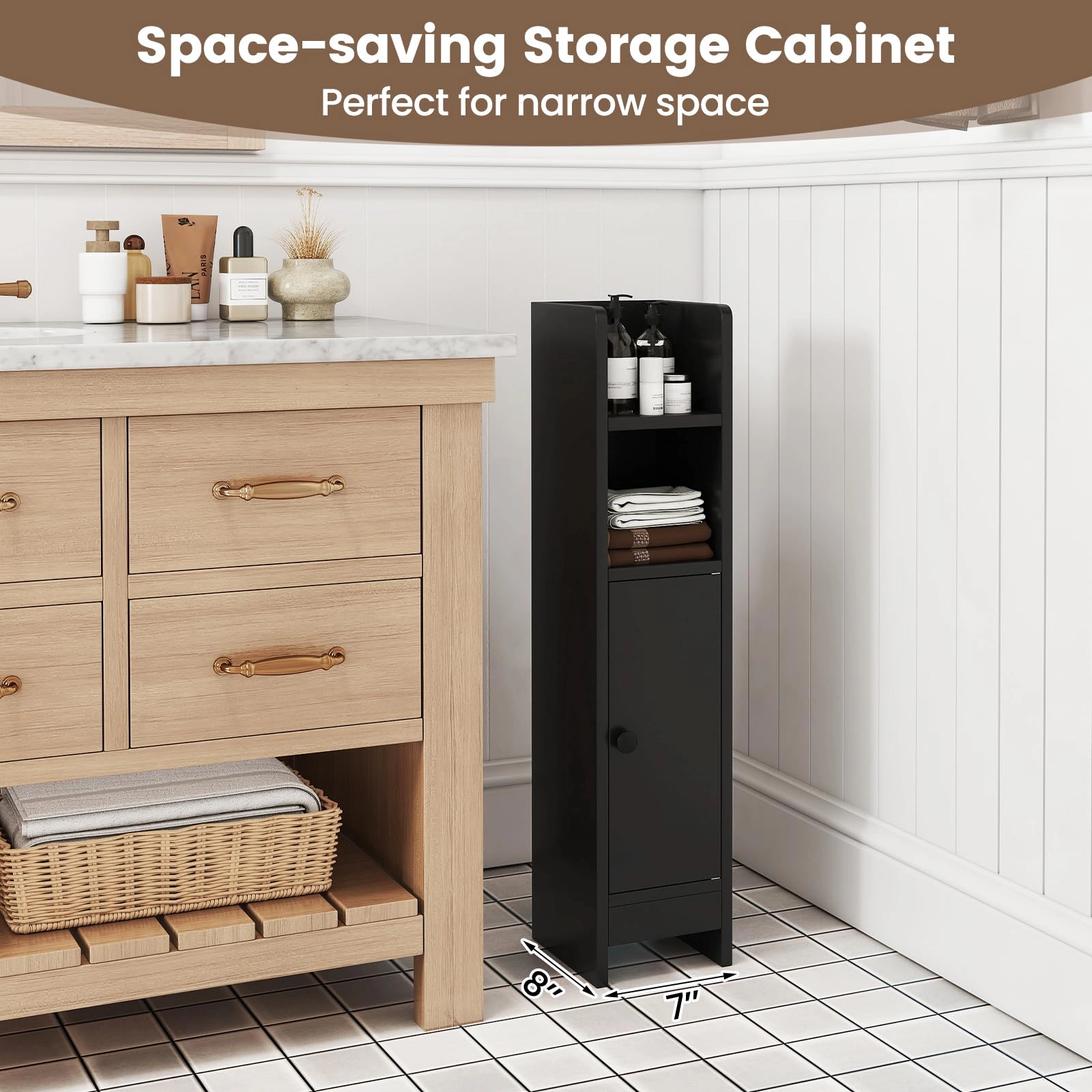 Glintex Slim Corner Bathroom Cabinet with Fall Guard Top and 3-Tier Shelf