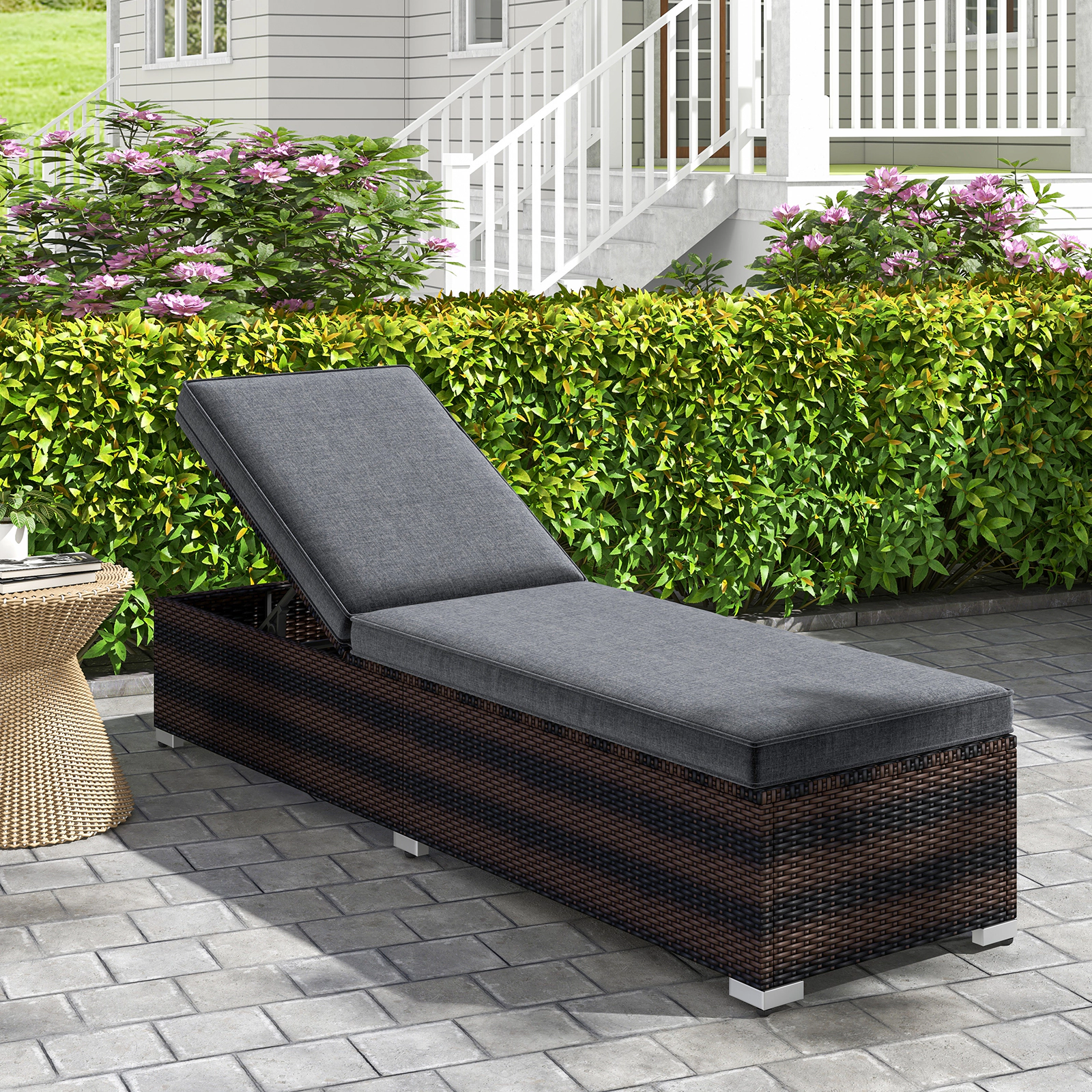 SUGIFT Brown Outdoor Wicker Lounge Chair with 4-Level Backrest and 76-Inch Cushion