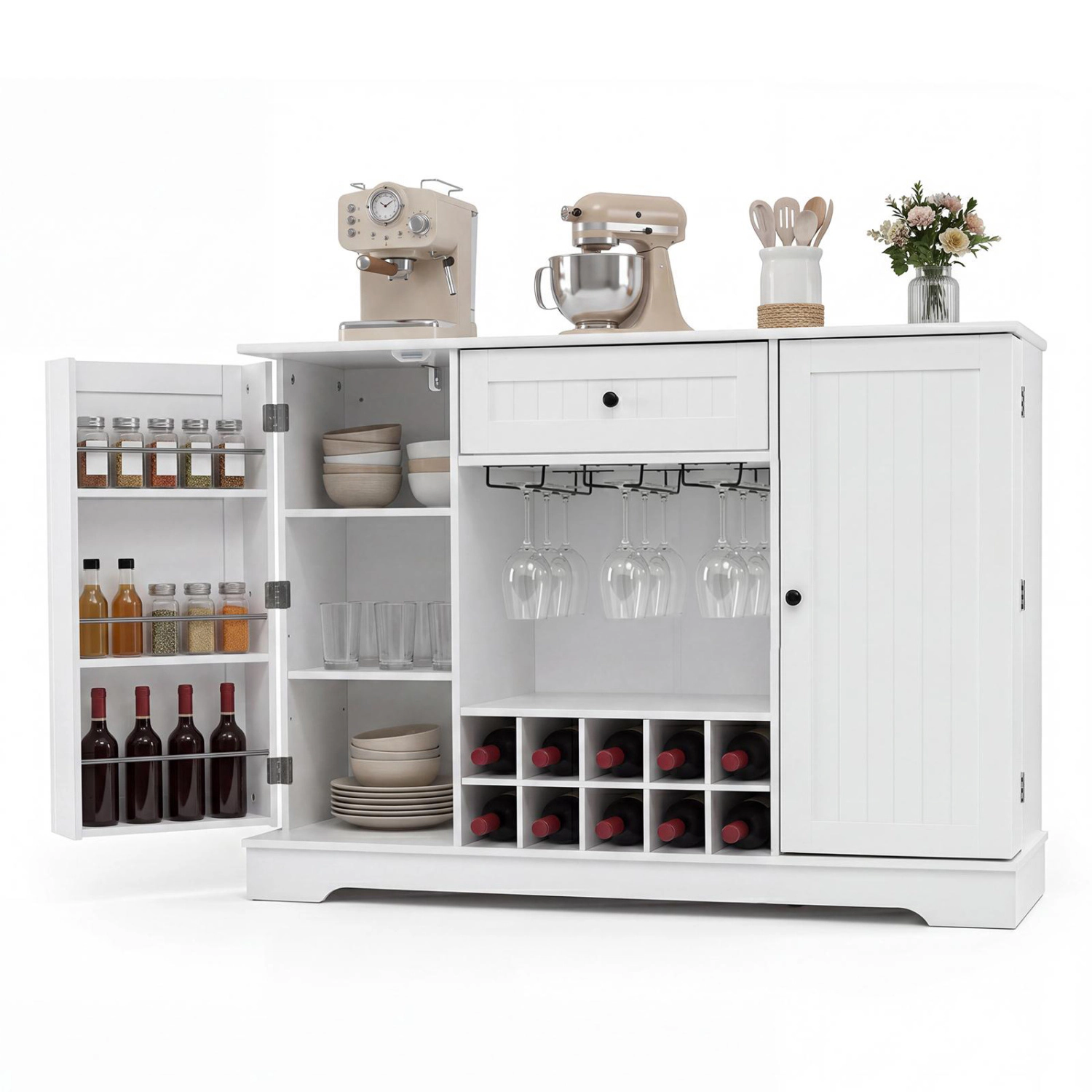 Glintex 47.5-Inch Sideboard with 10-Bottle Wine Rack and Door Shelves, White
