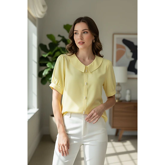 DressAtR Women's Split Collar Round Neck Pearl Detail Puff Elbow Sleeve Blouse