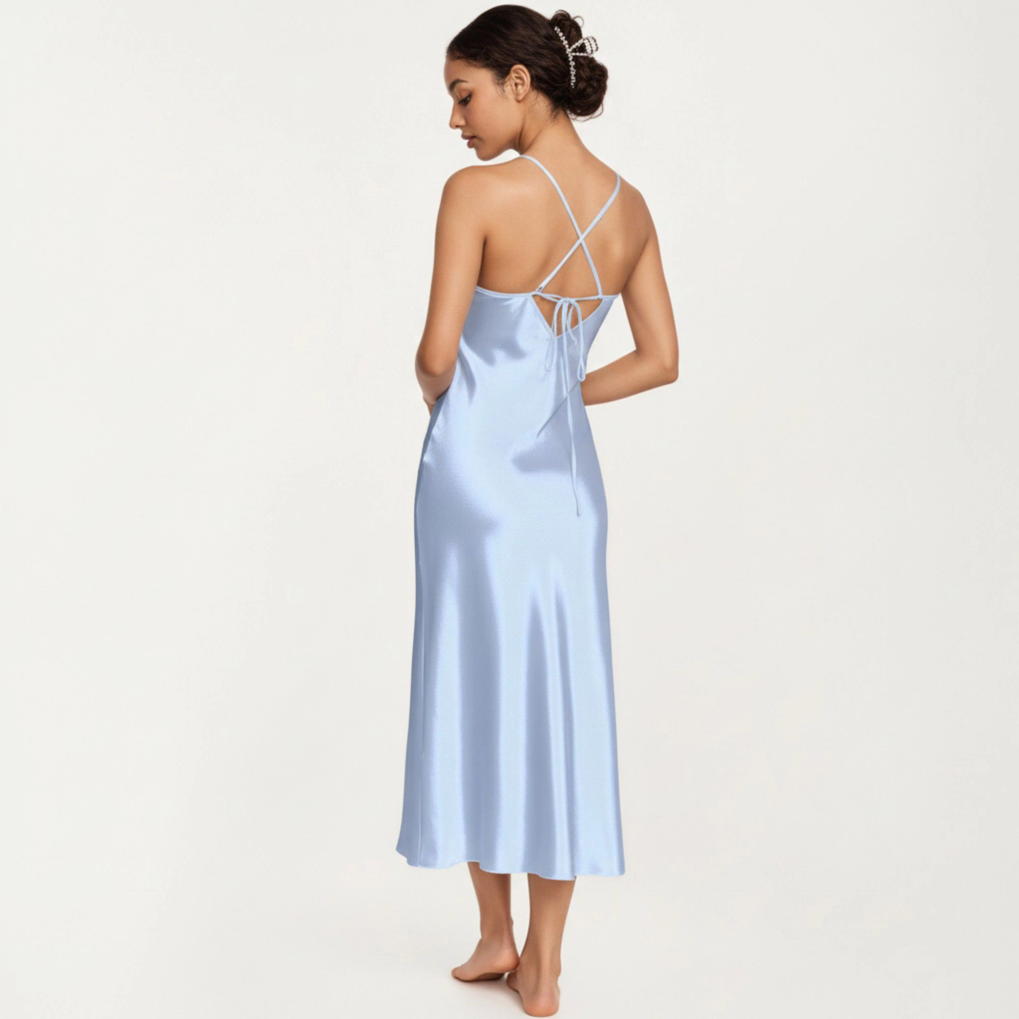 Anna-Kaci Women's Strapless Midi Slip Dress with Floral Appliqué Halter Detail and Sleek Smooth Silhouette