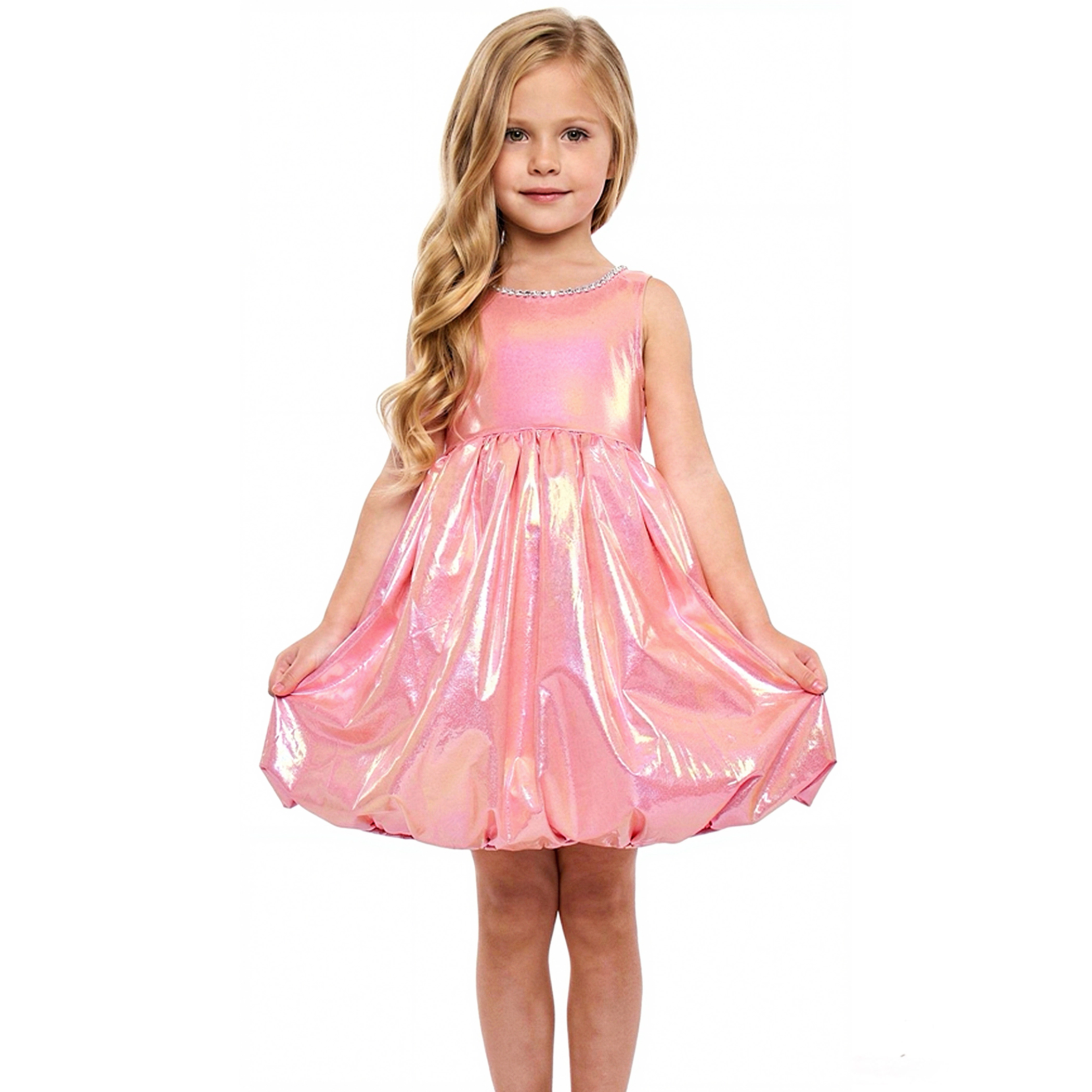 2Bunnies Girls 4T-10Y Iridescent Metallic Bubble Hem Sequin Neckline Party Dress