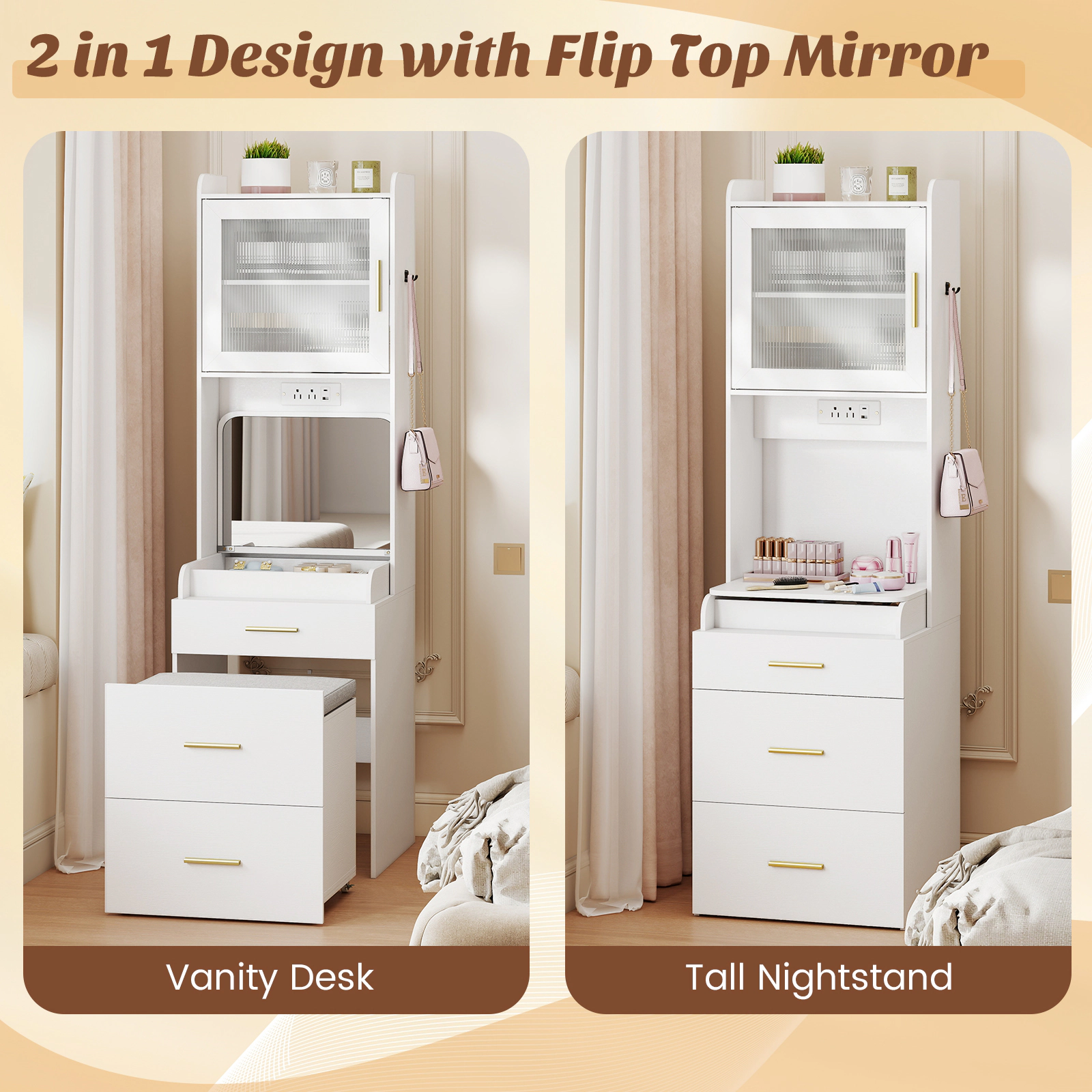 SUGIFT Makeup Vanity Power Outlets Flip-top Mirror Storage Stool & Tall Cabinet 110-lb Table 353-lb Stool Capacity White