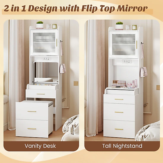 SUGIFT Makeup Vanity Power Outlets Flip-top Mirror Storage Stool & Tall Cabinet 110-lb Table 353-lb Stool Capacity White