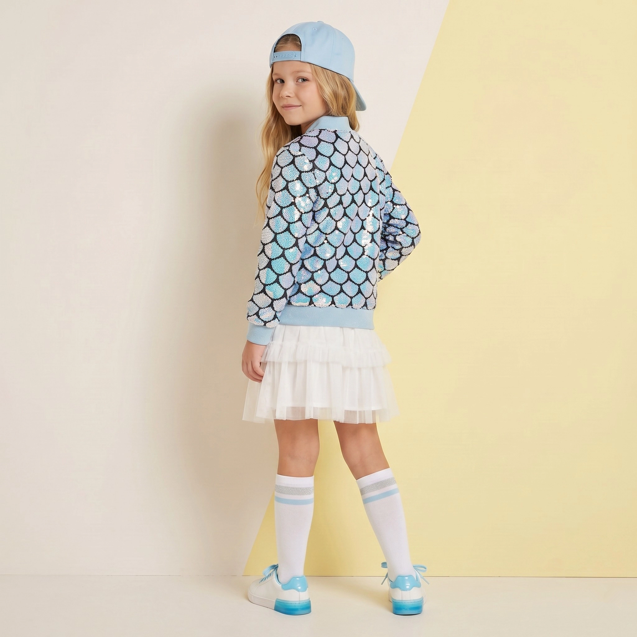 2Bunnies Girls’ Mermaid Seashell Sequin Bomber Jacket with Glitter Trim