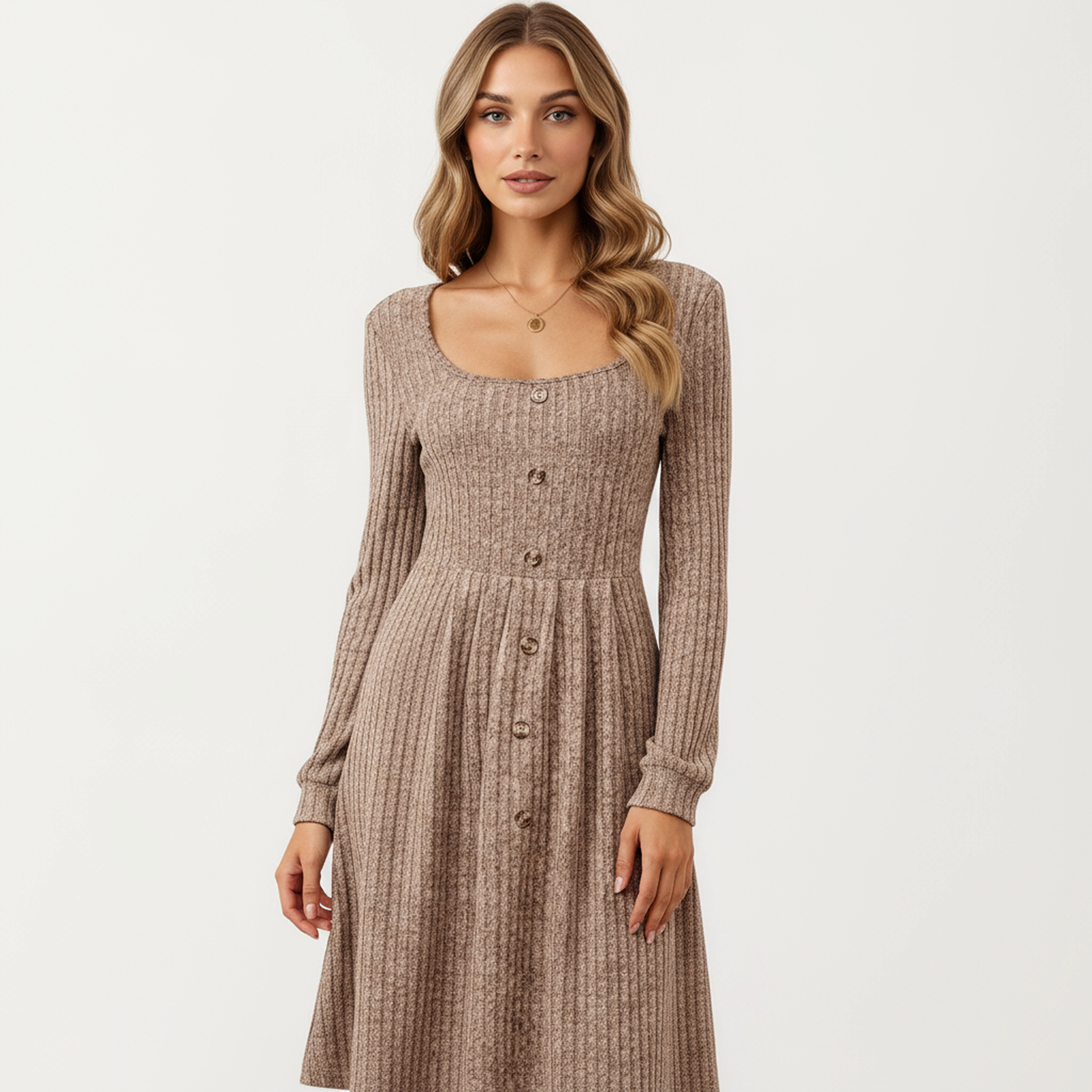 Anna-Kaci Women's Ribbed Knit A-Line Button Front Dress