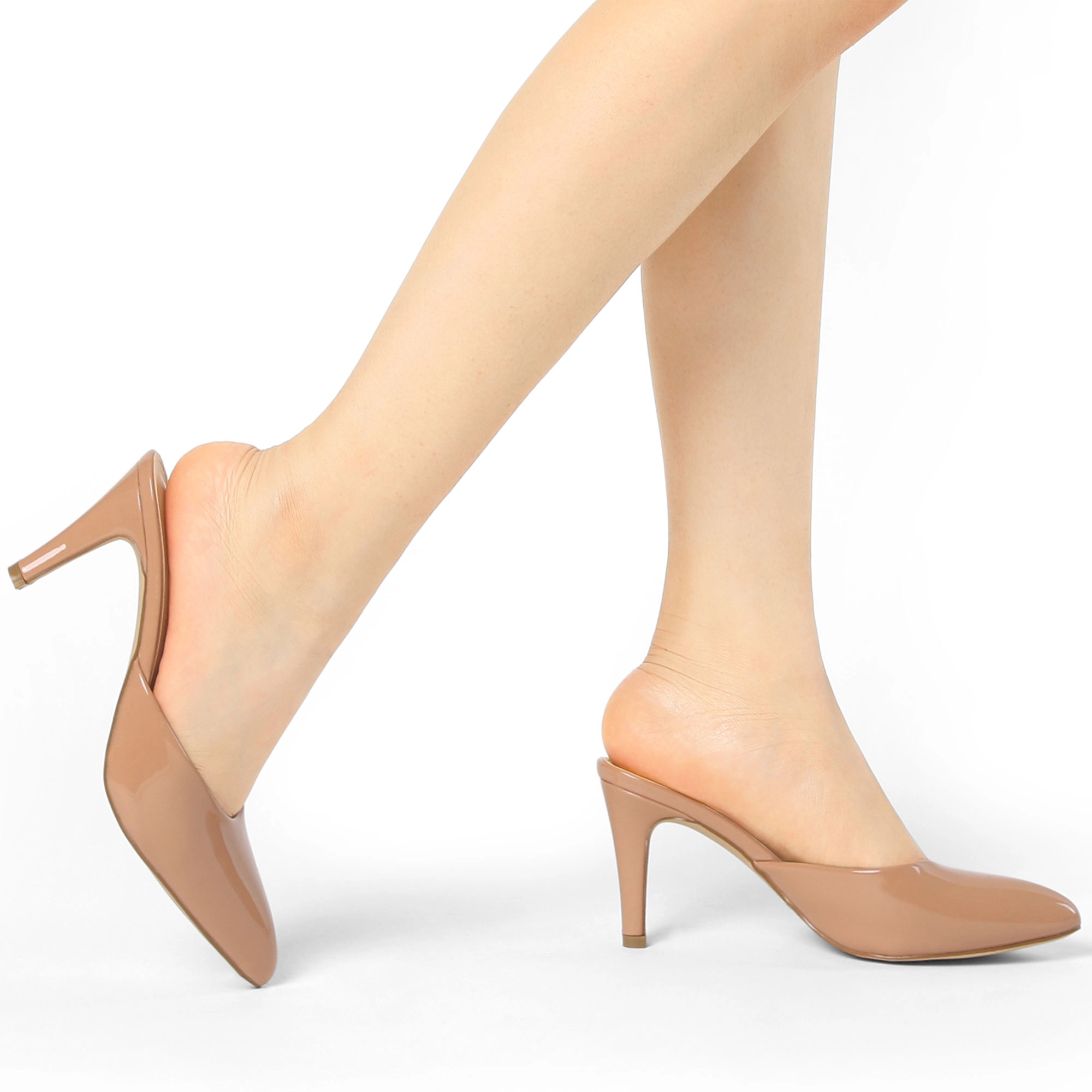 BLISSFUL STEP Women's PU Rubber Pointed Toe Stiletto Heels Slip On Mules