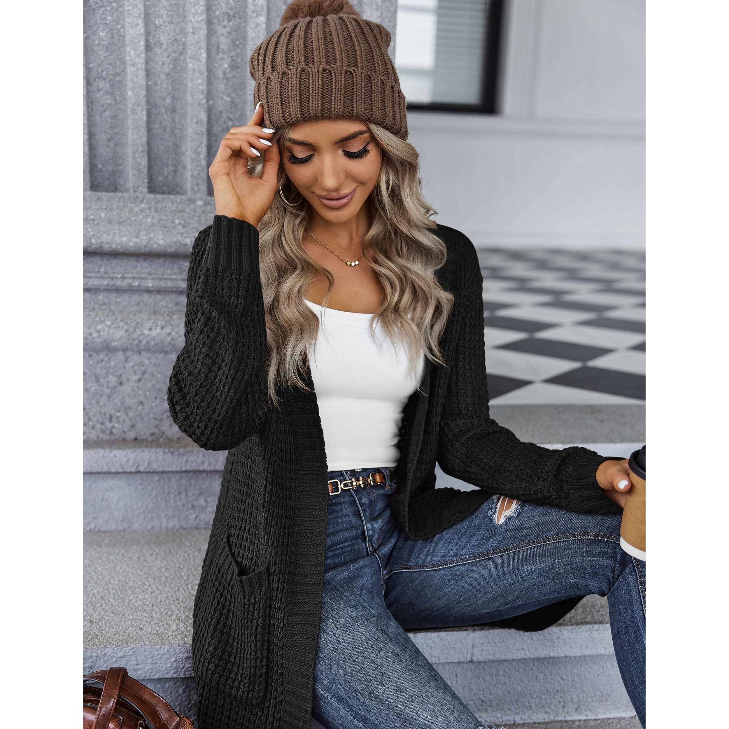 Zeagoo Women's Long Batwing Sleeve Open Front Chunky Knit Cardigan