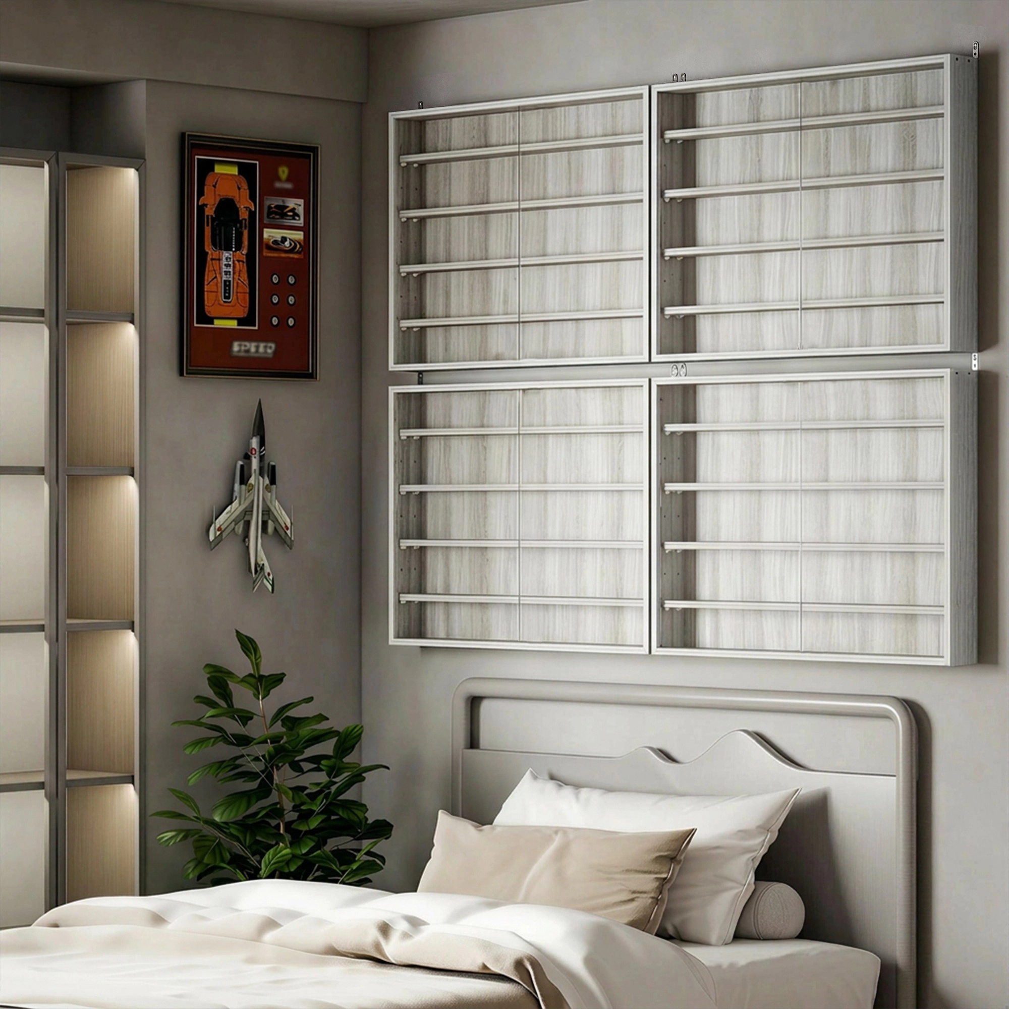 HONGGE 5-Tier Display Cabinet Wall-Mounted Case with 2 Glass Doors and Adjustable Shelves