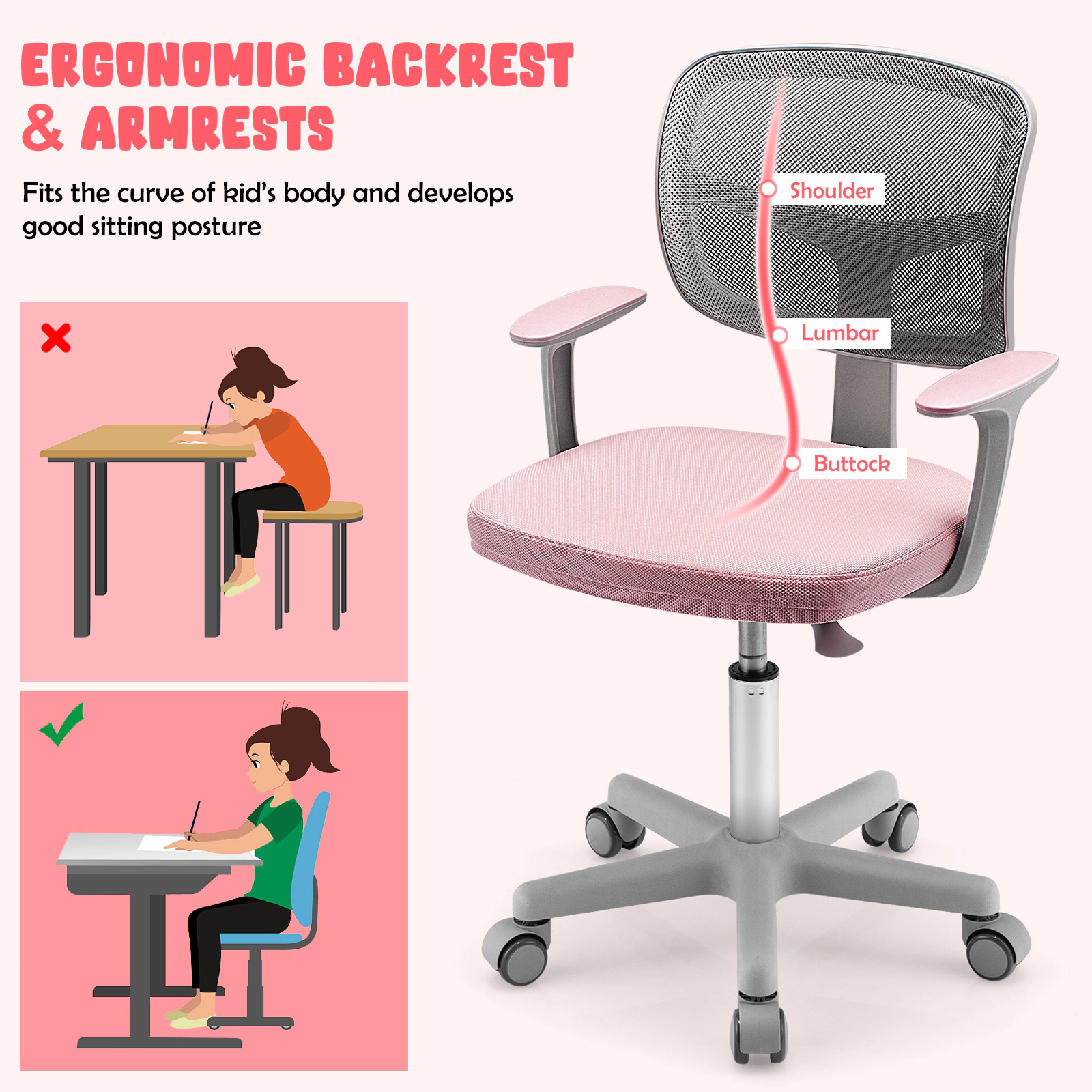 SUGIFT Ergonomic Adjustable Kids Desk Chair with Armrests 330-Lb Capacity 31.5-36-in Height Pink