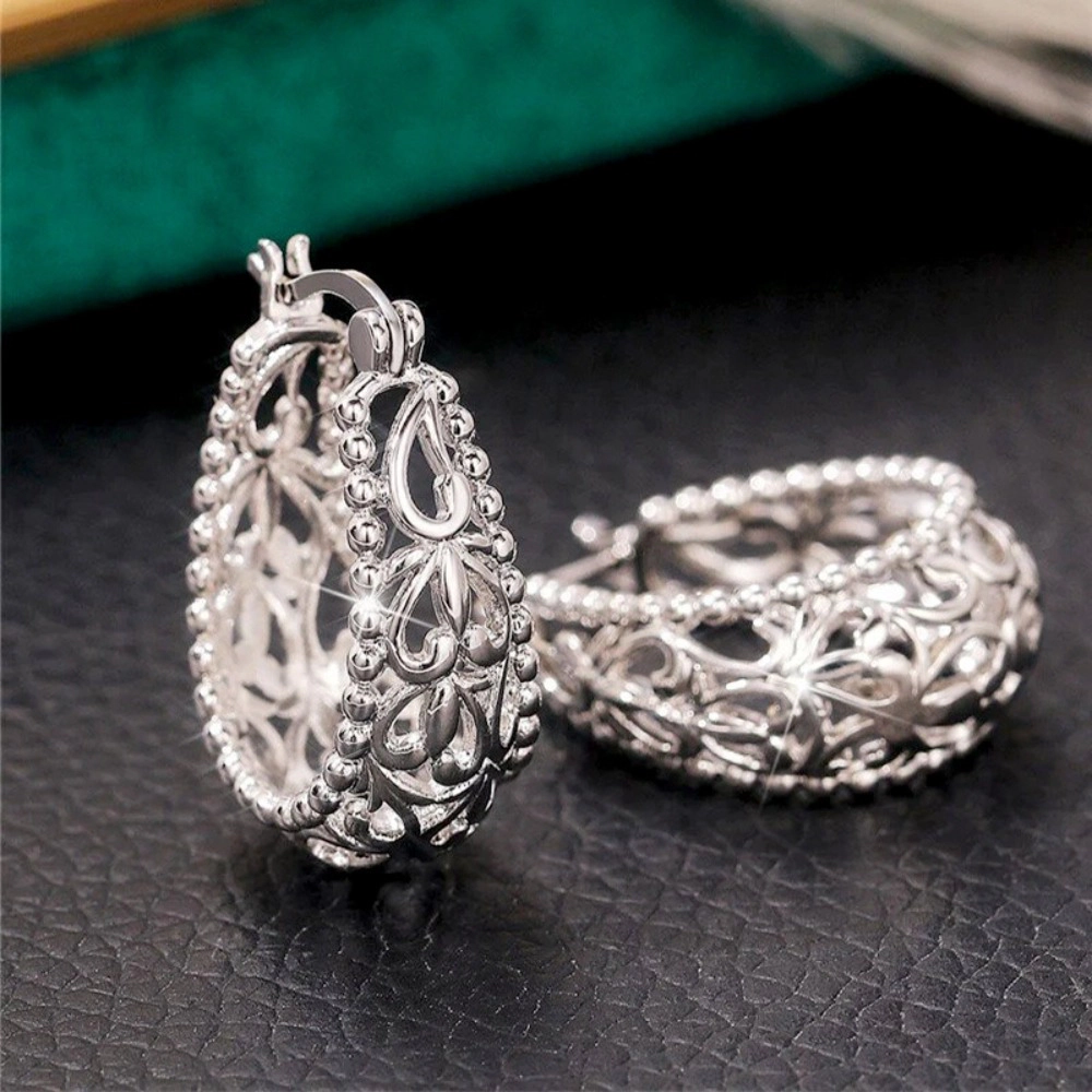 Vintage Filigree Hollow Out Beaded Hoop Earrings for Women
