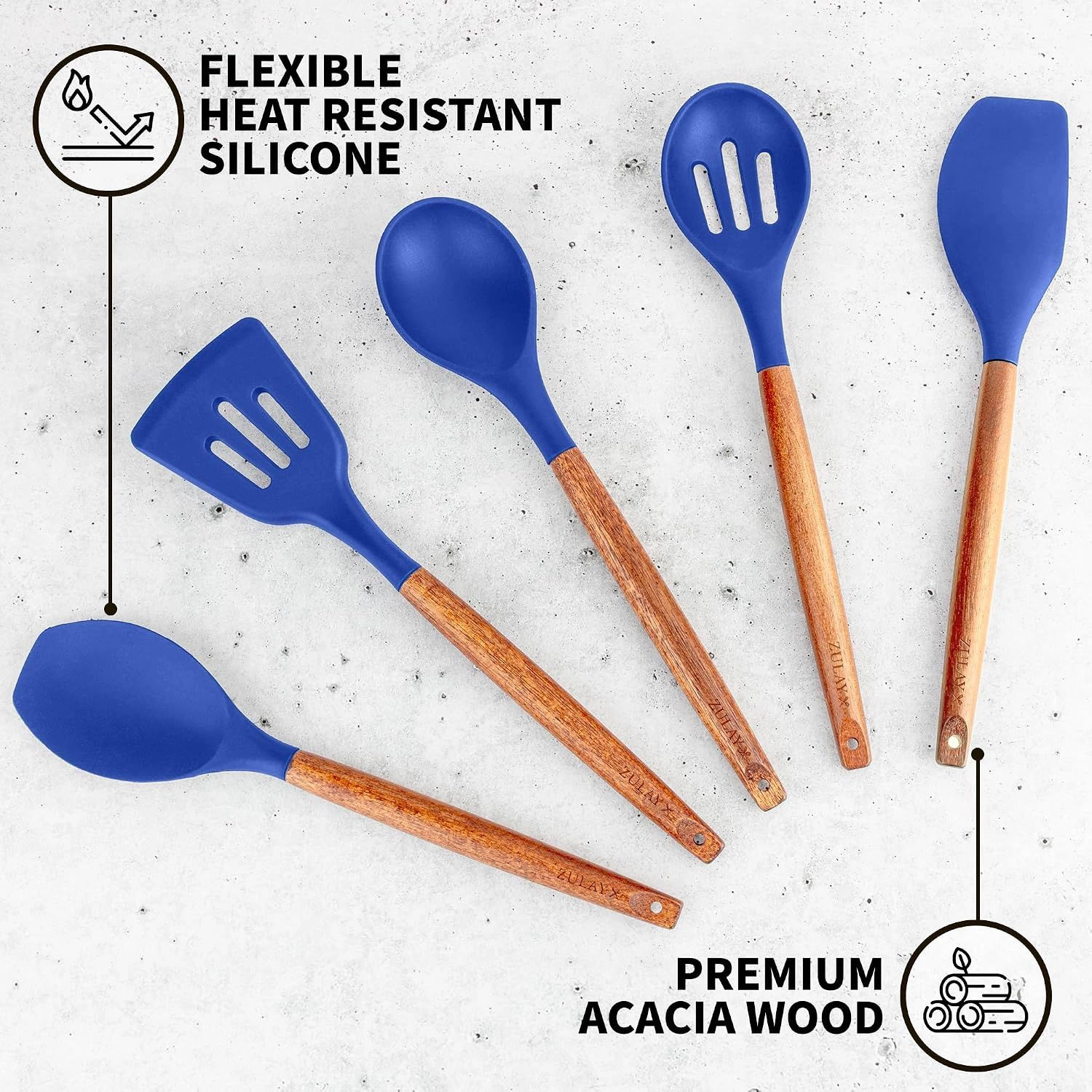 Zulay Kitchen Utensils Set Non-Stick Silicone Cooking Utensils Set with Authentic Acacia Wood Handles 5 Piece Set