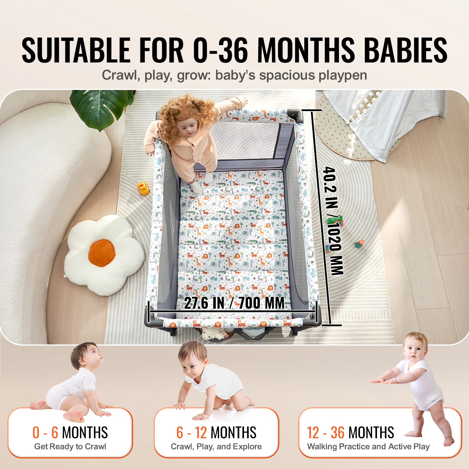 HONGGE Portable Baby Playpen Travel Crib with Wheels, Foldable Play Yard Holds 99 lbs for 0-36 Month Toddlers