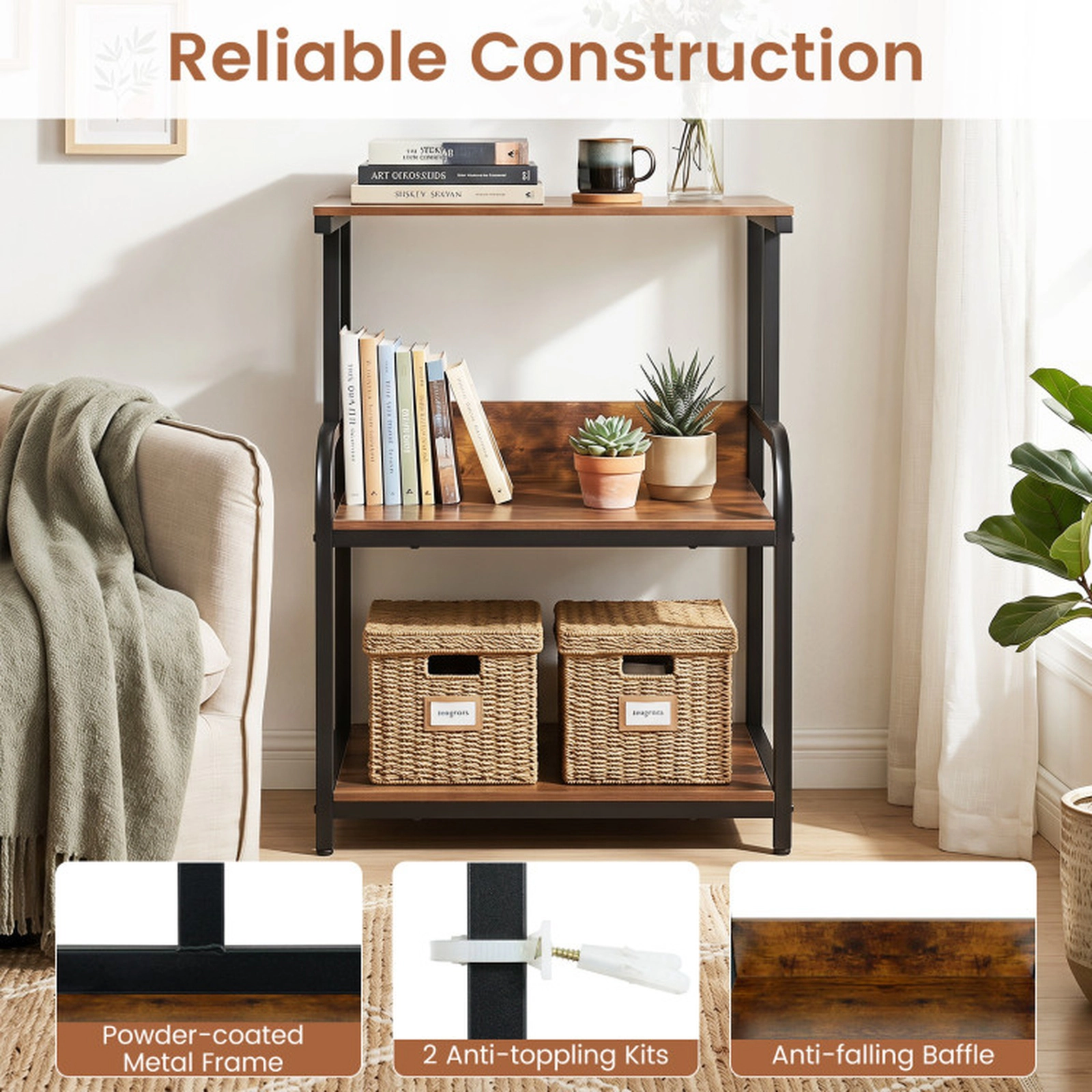 SUGIFT 3-Tier Rolling Printer Stand 5-Height Adjustable Shelf Lockable Wheels 44-lb per Shelf Capacity Rustic Brown