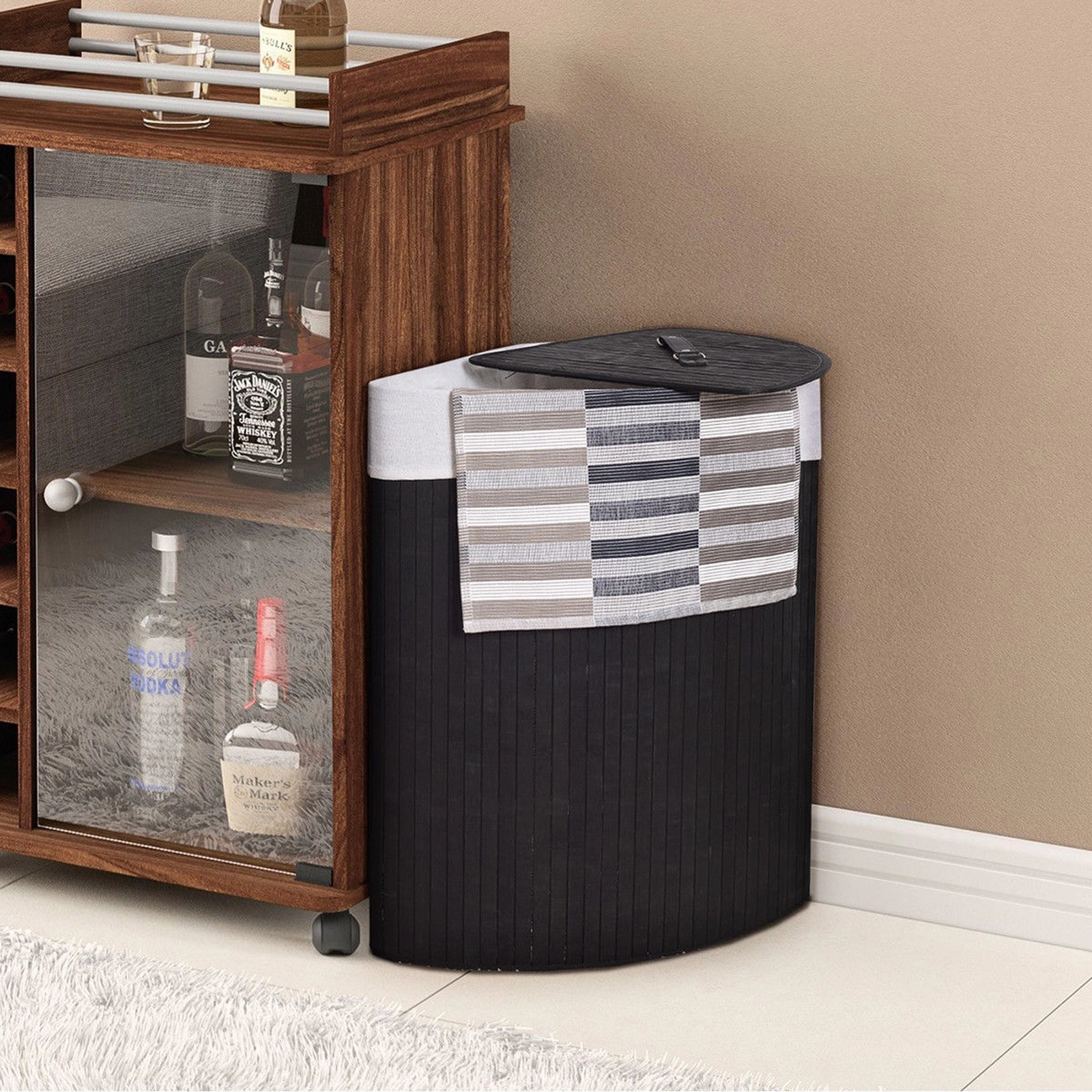 SUGIFT Corner Bamboo Laundry Hamper 58 L with Removable Liner for Bathroom