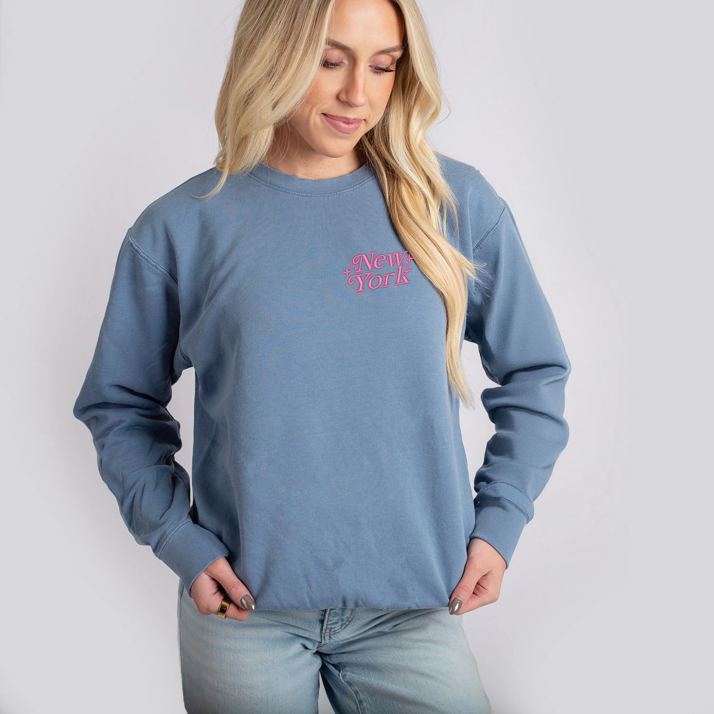 Simply Sage Market - Embroidered New York Stars Women's Lightweight Garment Dyed Sweatshirt