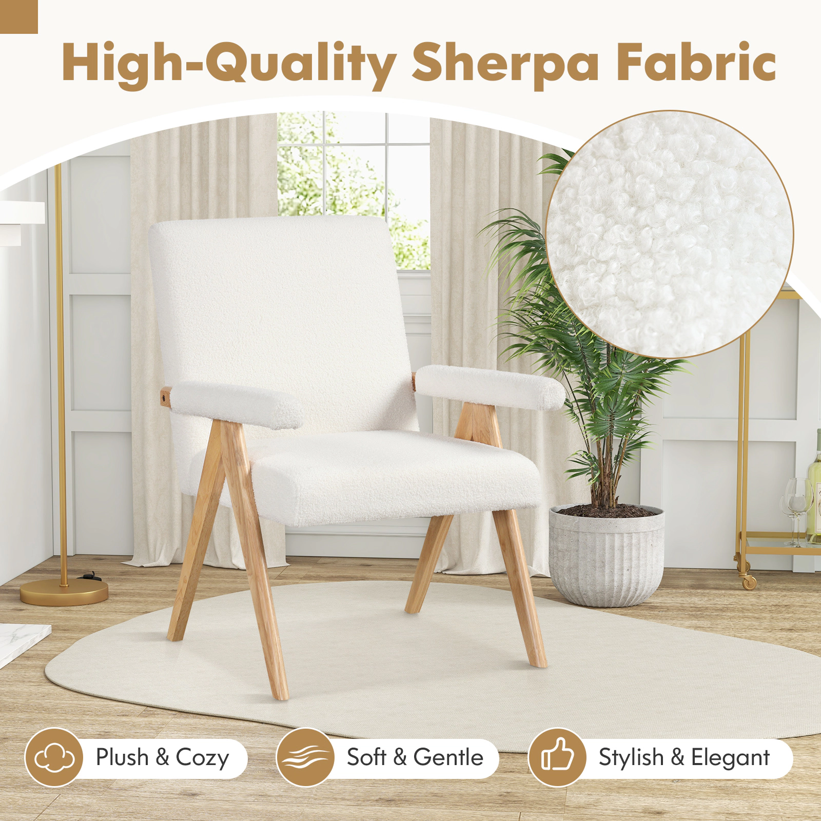SUGIFT Mid Century Modern Rubber Wood Accent Chair with Sherpa Fabric 26-in Wide Seat 350-lb Capacity Beige and Natural