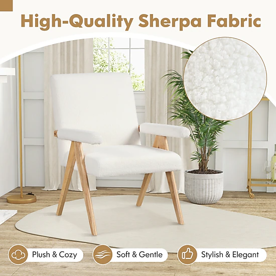 SUGIFT Mid Century Modern Rubber Wood Accent Chair with Sherpa Fabric 26-in Wide Seat 350-lb Capacity Beige and Natural