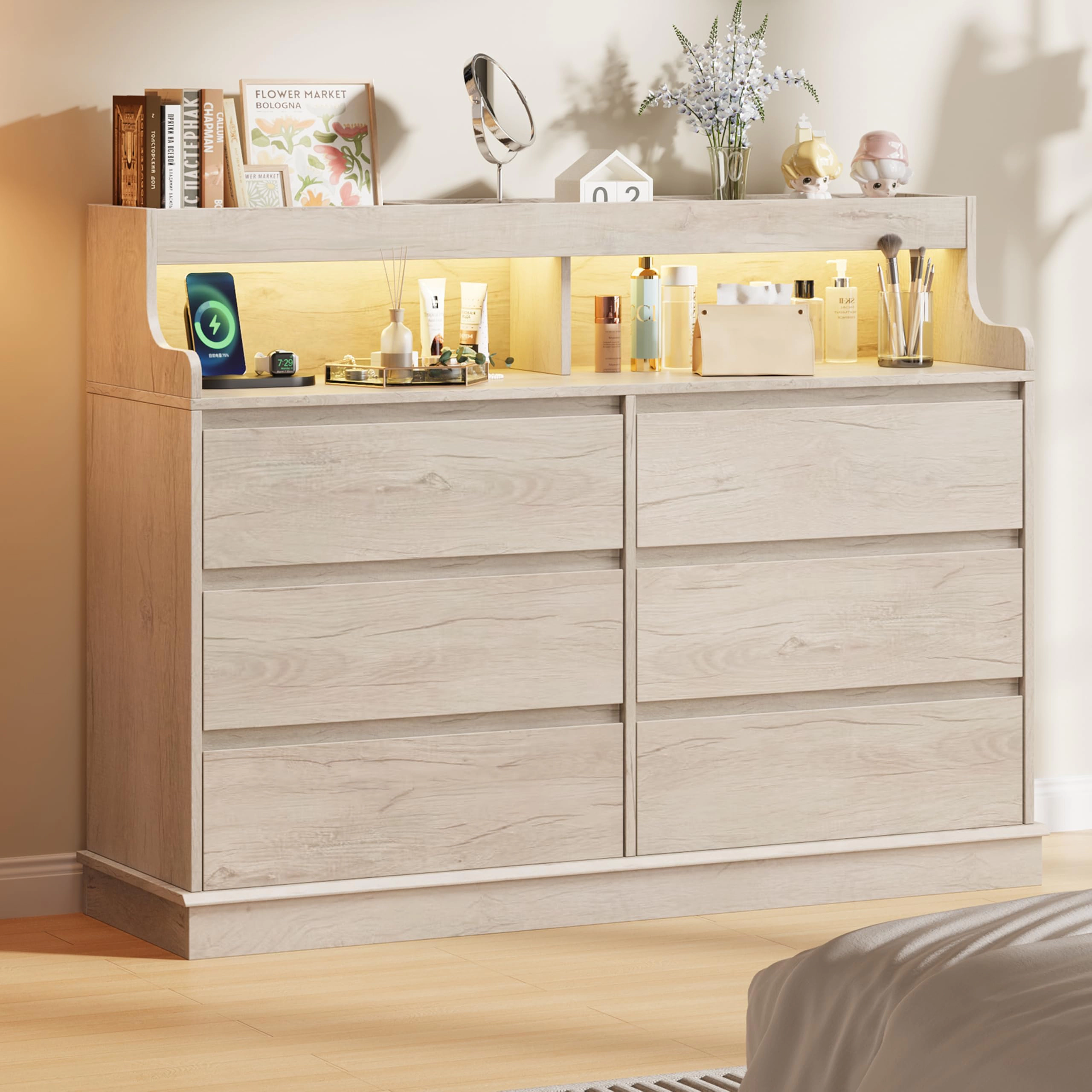6 Drawer Dresser with RGB LED Lights & Charging Station, Wide Storage Chest with Open Shelf for Bedroom Living Room
