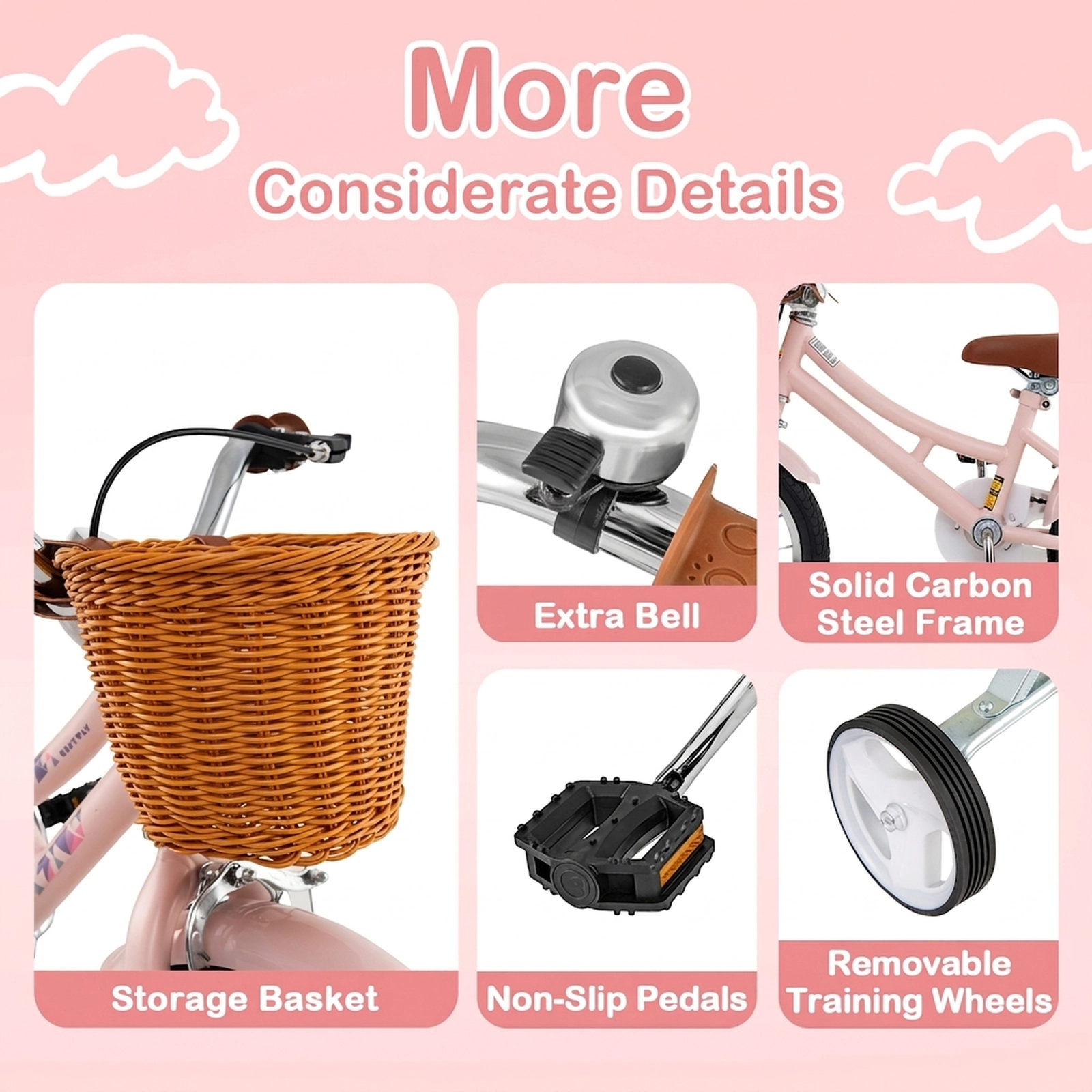 14-in Retro Kids Bike Splash Fenders Removable Basket 5-Layer Anti-Puncture Tires Training Wheels Bell Ages 3-5 Pink