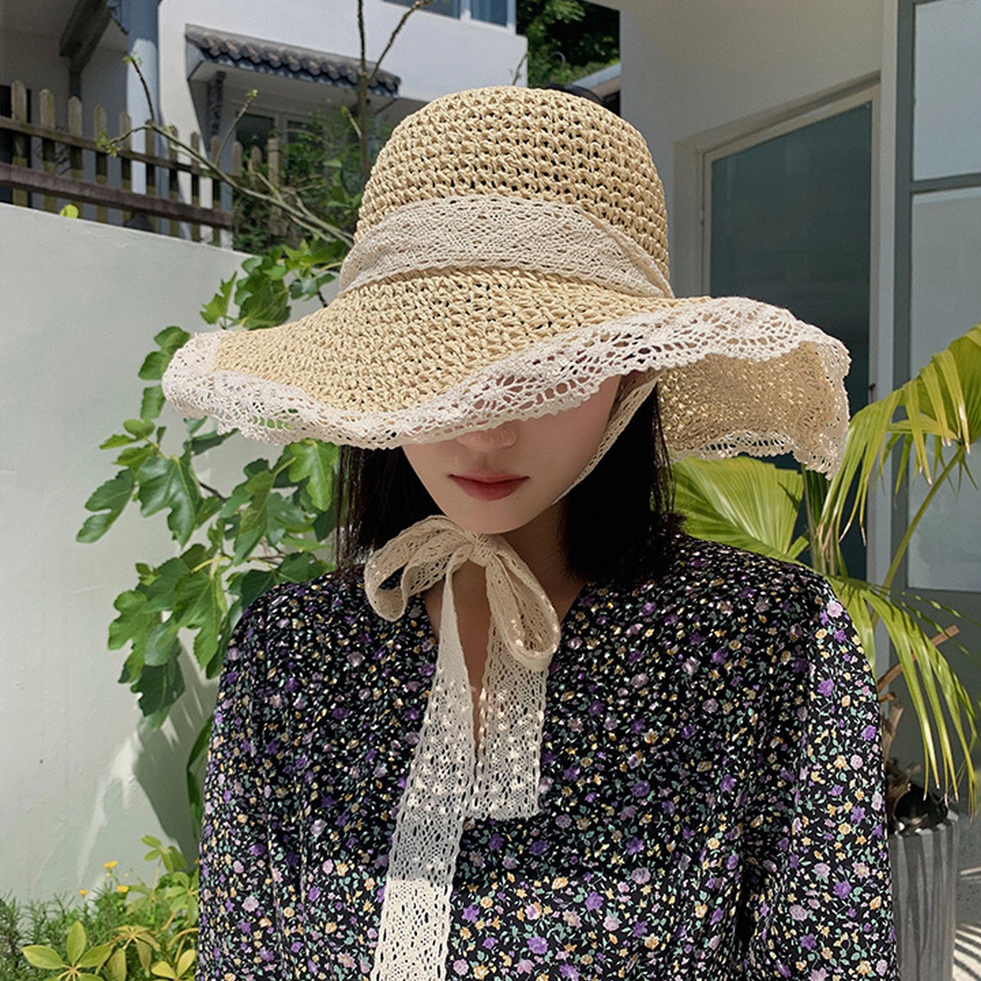 Anna-Kaci Women's Crochet Straw Sun Hat with Lace Trim & Bow