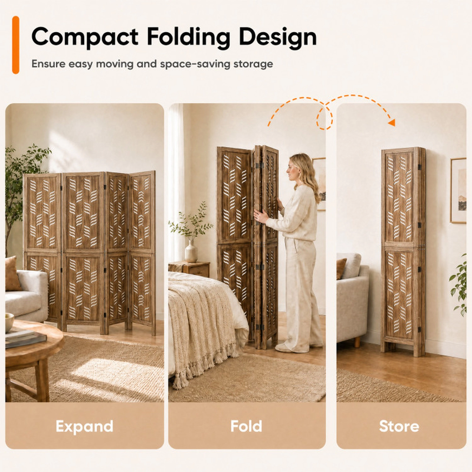 SUGIFT 4-Panel Paulownia Wood Room Divider with Wave Cutout 62 x 67 in Foldable Privacy Screen Brown White