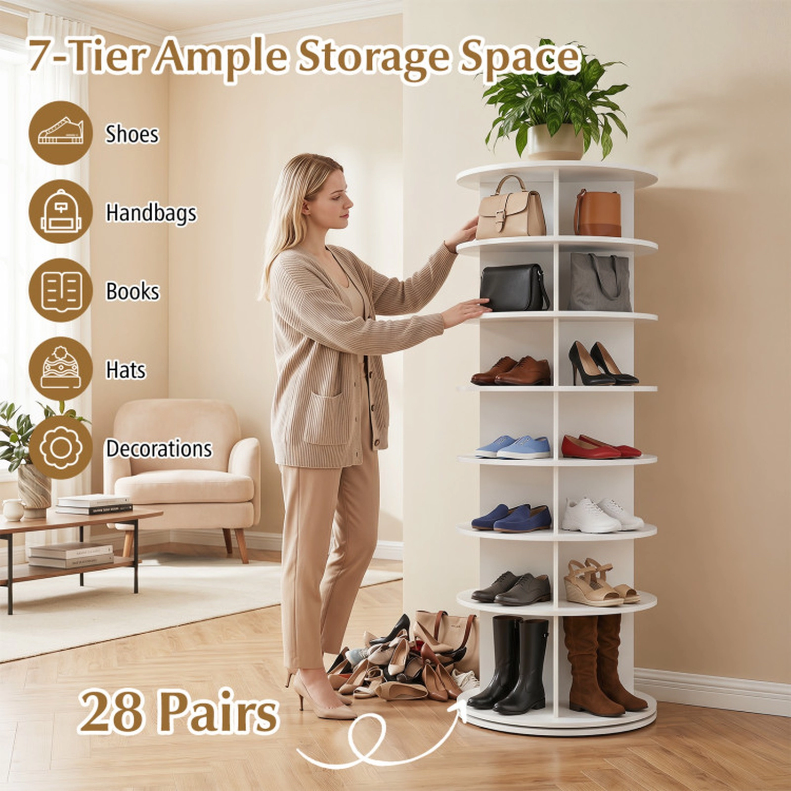 SUGIFT 7-Tier 360° Rotating Shoe Rack Tower Freestanding Organizer 62.5-in Tall 22-lb Tiers Engineered Wood White