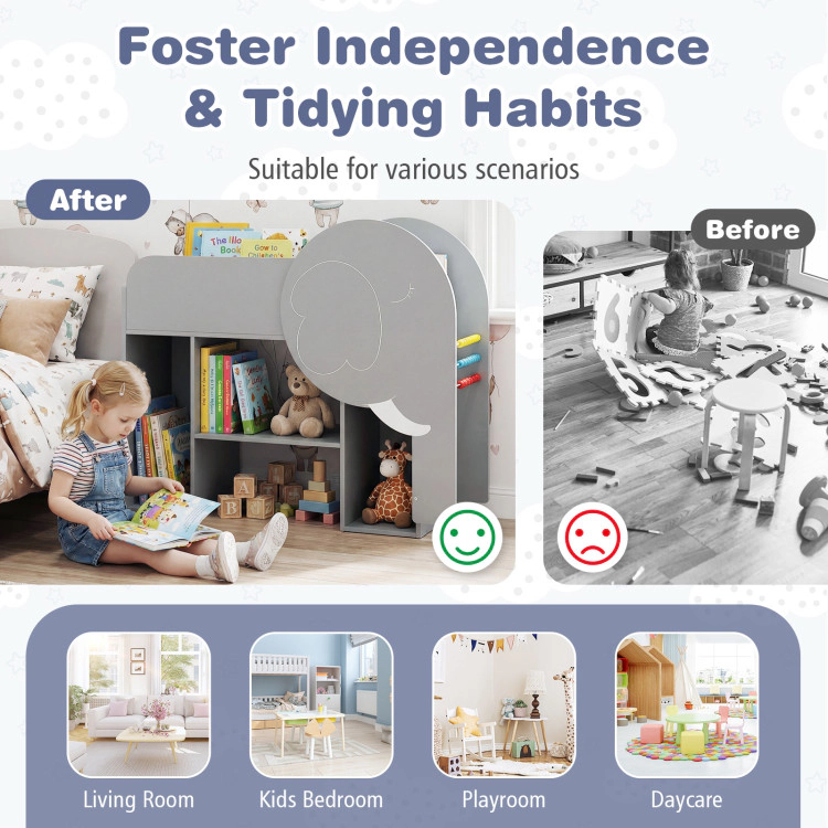 Hivvago Montessori Bookshelf With Elephant Shape 3-Tier Toddler Toy Storage Organizer