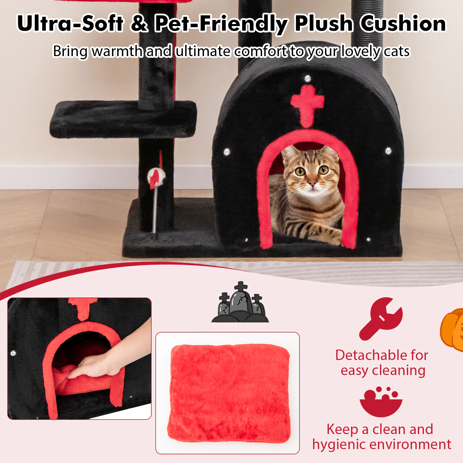 Glintex 53-Inch Gothic Cat Tower with Arch-Shaped Condo and Fenced Cat Bed, Black
