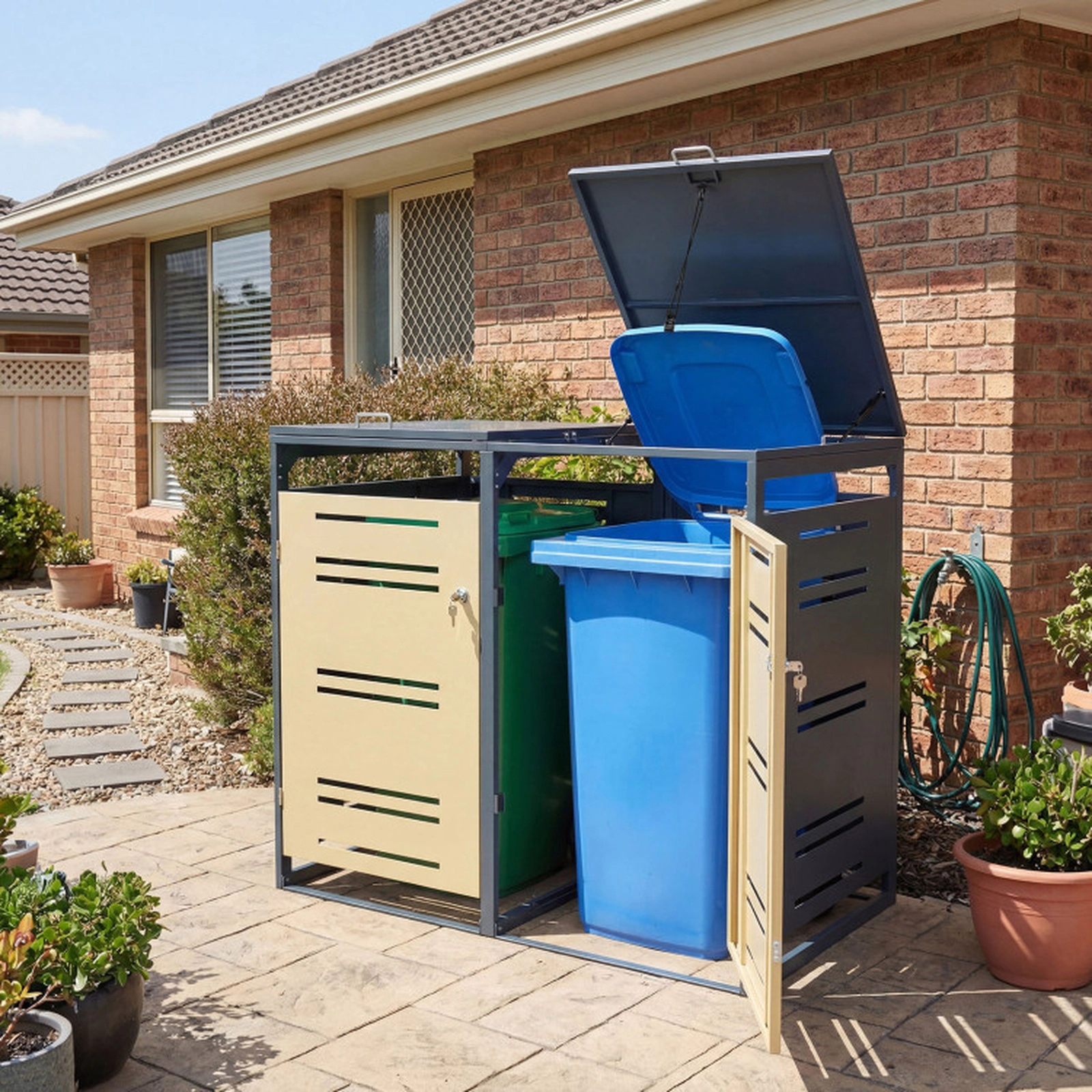 SUGIFT 2-Can Outdoor Metal Trash Can Storage Shed with Gas-Strut Lids Lockable Handle and Wide Doors